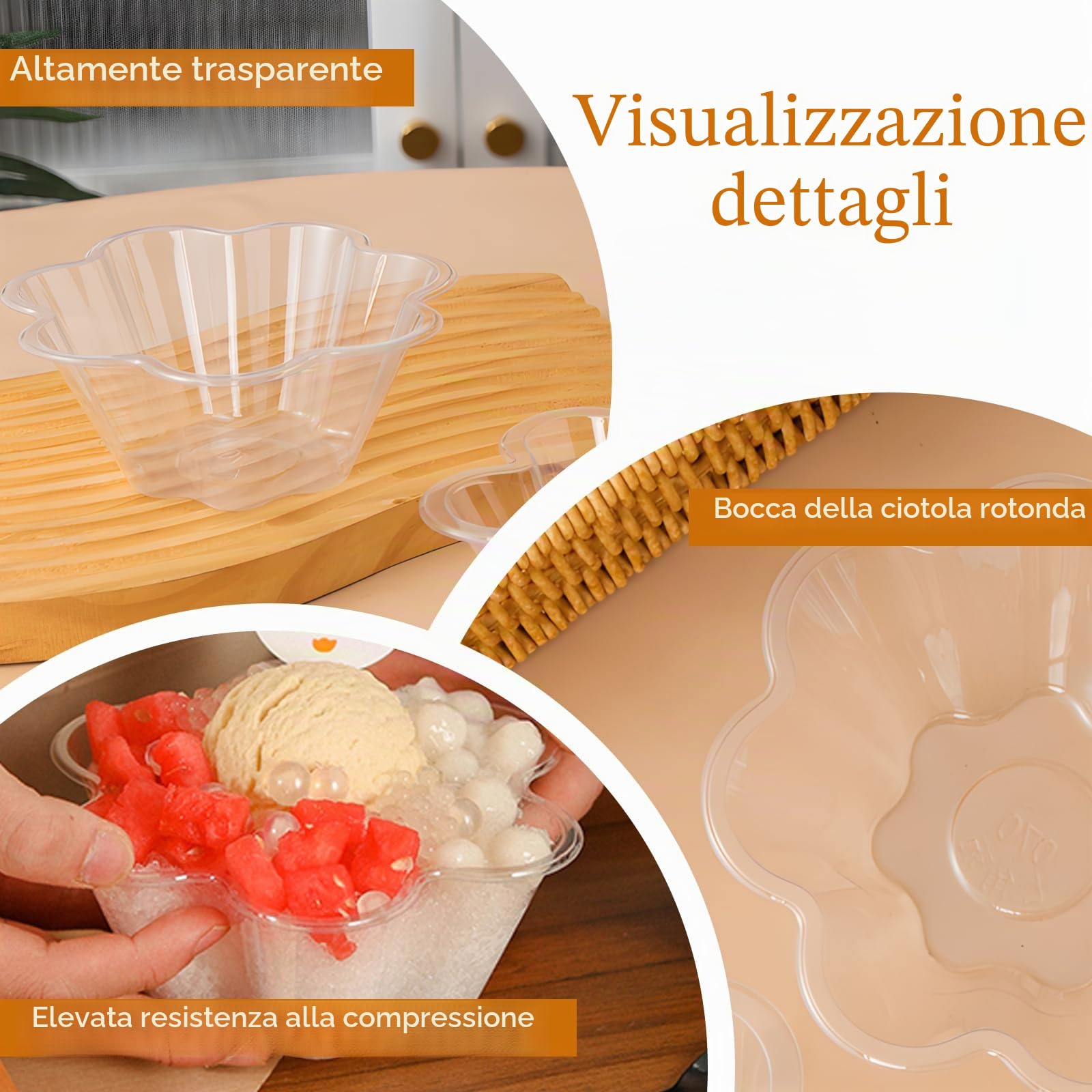 GOMETY 100 bicchieri da dessert in plastica, 250 ml, trasparenti con 100 cucchiai, mini tazze da dessert, riutilizzabili, motivo floreale, per dessert, budino, mousse