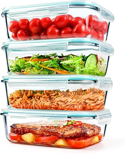 GEHE Paquete de 4 recipientes grandes de vidrio de almacenamiento de alimentos de 52 onzas con tapas, recipientes de vidrio para preparación de