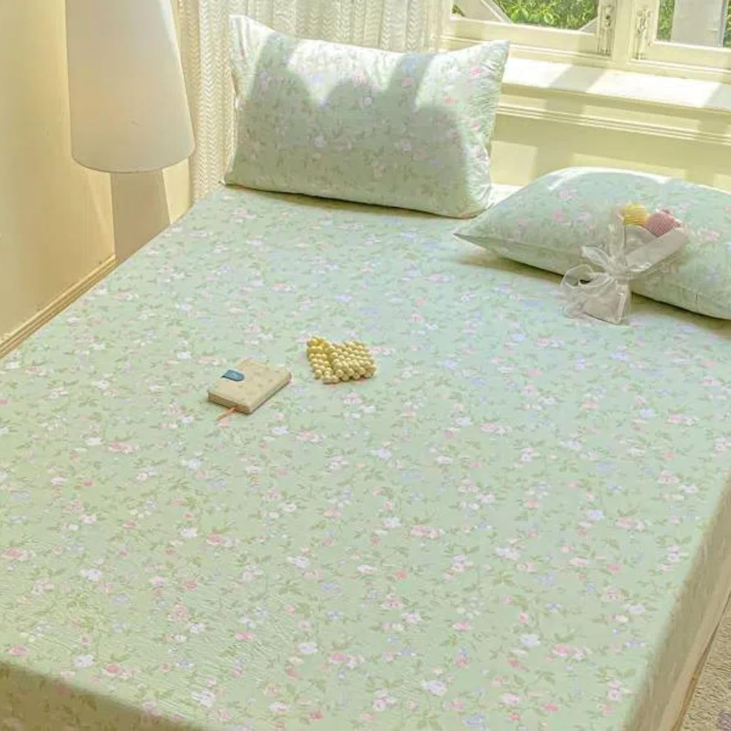 Green Floral Toddler Sheets Bedding Set with Flat Sheet and Pillowcases, Cute for Girls Kids Teens 100% Washed Double Gauze, Soft & Breathable, 3-Piece Comfortable Bed Sheets