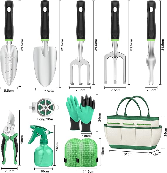 Fixmend Garden Tools, 11 Pieces Gardening Tools, Aluminum Alloy Garden Tools Set Gift Kit with Heavy Duty Tool Bag, Gardening Gifts for Women & Men