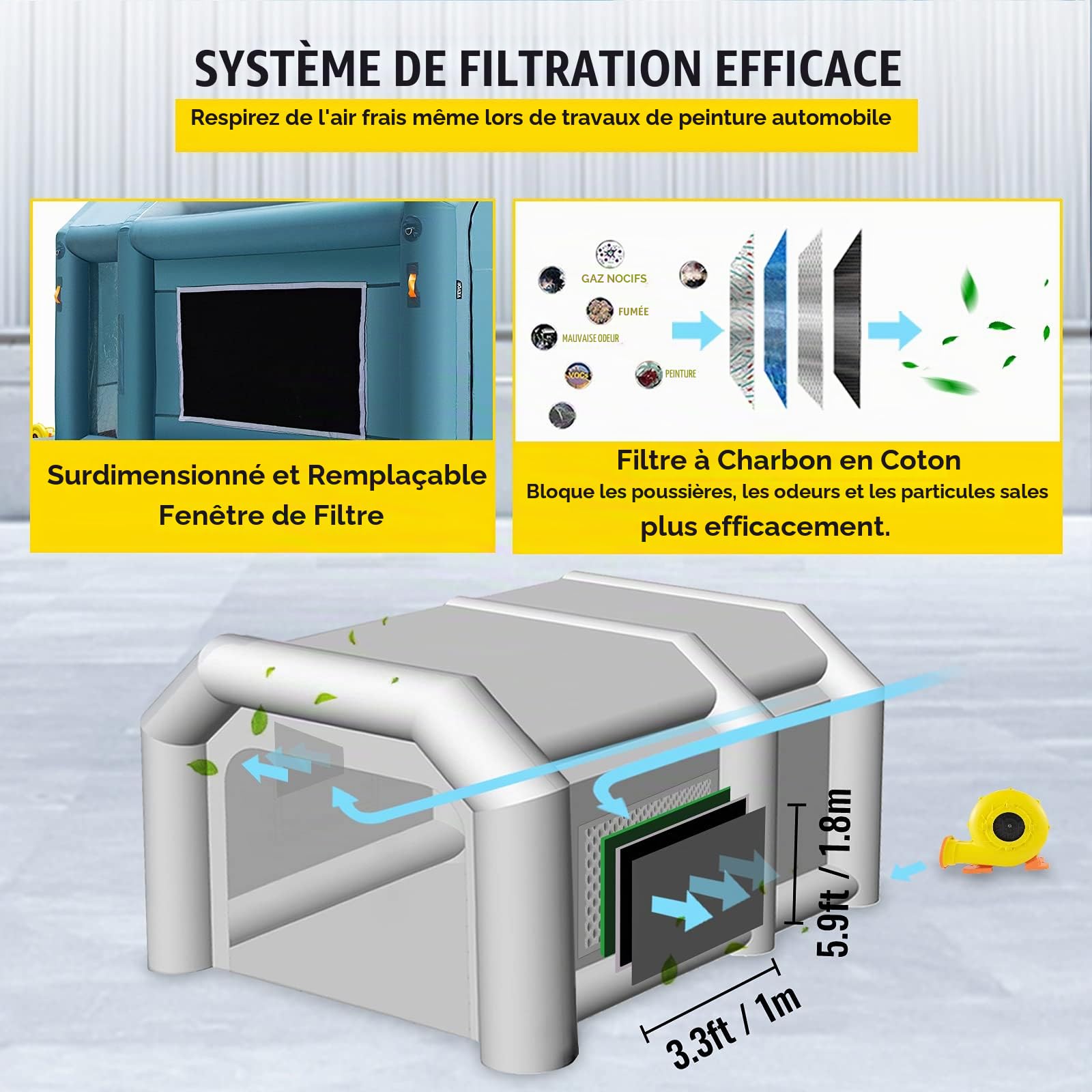 VEVOR Cabine Peinture Gonflable 4x2,5x2,5 m Tente Tunnel Pulvérisation Garage Tissu Oxford 210D PVC Souffleur Gonflage 680W Souffleur Ventilation 330W Tente pour Mécaniciens Automobile Pièces Voiture