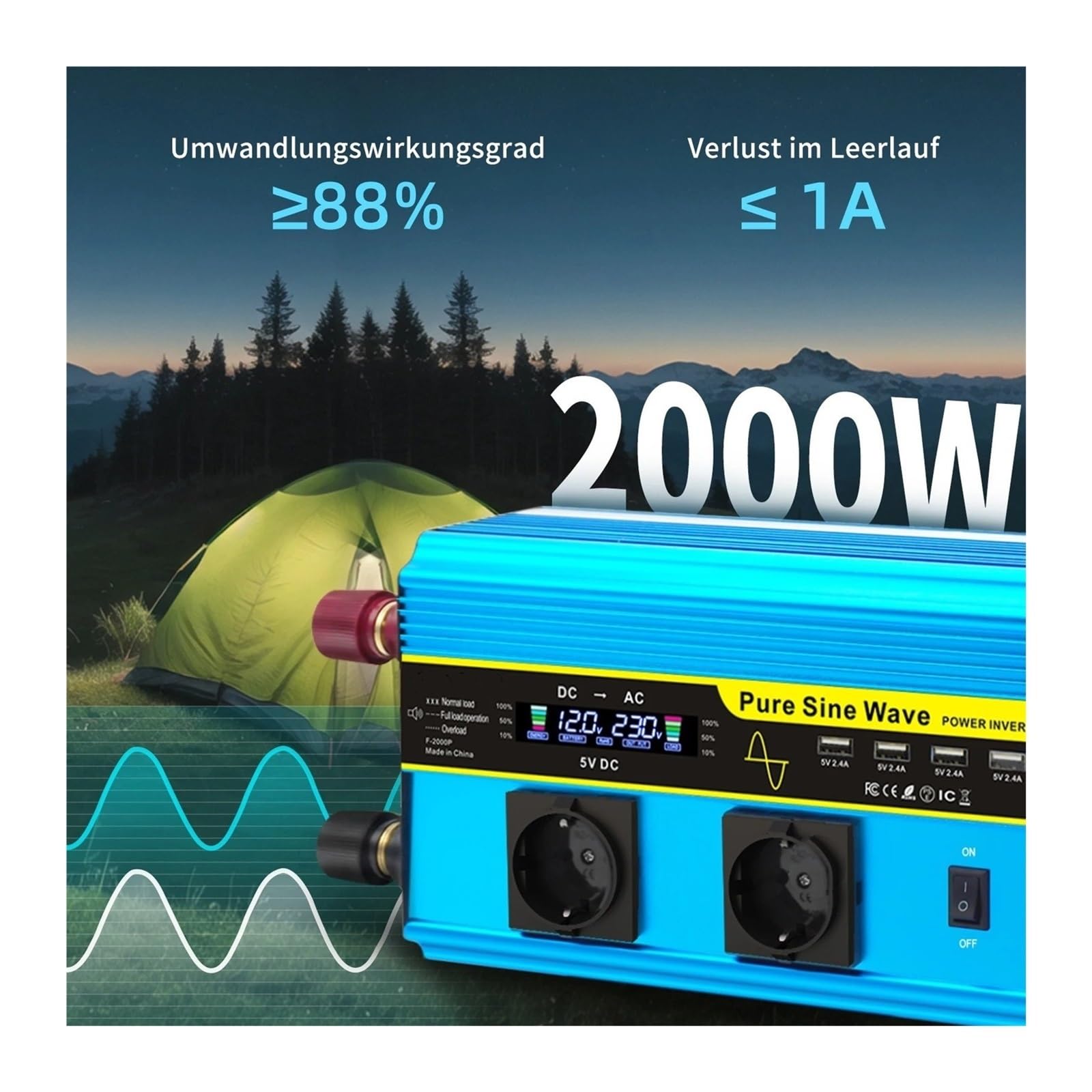 Convertidor Inversor Transformador Inversor Onda Sinusoidal Pura 8000W CC 12V/24V A CA 220 V/230 V Control Remoto Pantalla LCD Convertidor para Autocaravana Batería Solar(DC12V,50Hz EU,5000W Peak)