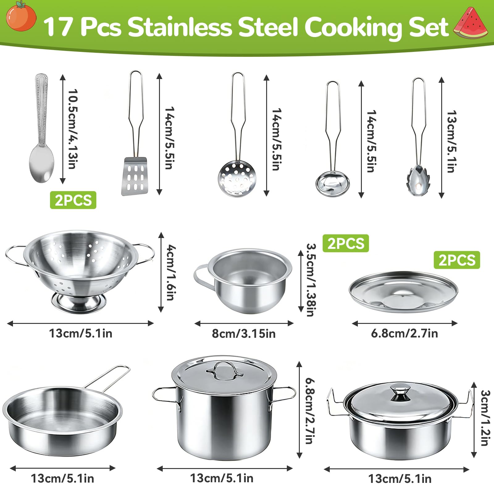 Kit Cuisine Enfant 17 Pièces En Acier Inoxydable – Ustensiles Miniatures Avec Casseroles, Poêles Et Accessoires – Jeu De Rôle Chef Dès 3 Ans