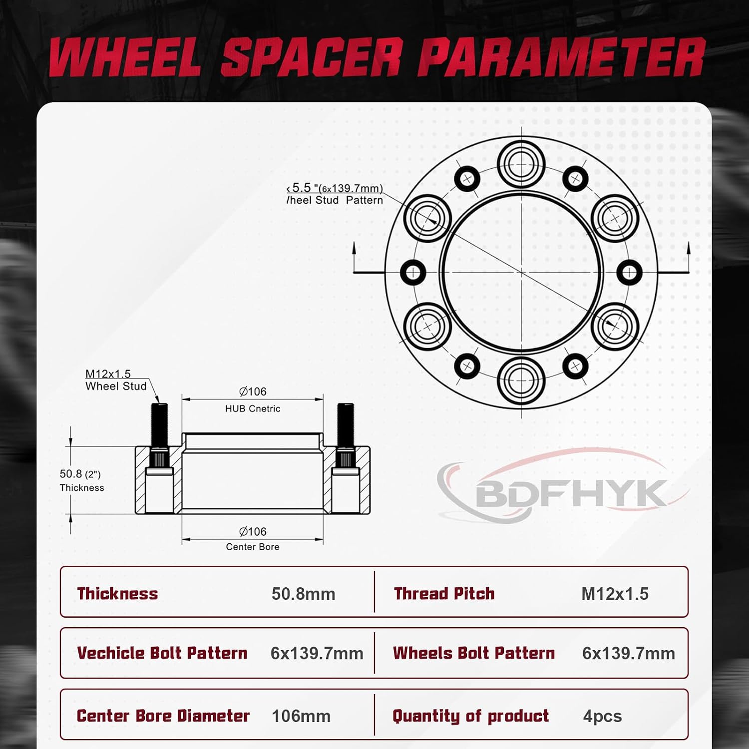 BDFHYK 6X5.5 Wheel Spacers 2 inch 6x139.7mm Hub Centric Wheel Spacer Set with M12x1.5 Studs 106mm Center Bore Compatible with Lexus GX470 GX460 4Runner FJ Cruiser Sequoia Tacoma Tundra, Set of 4
