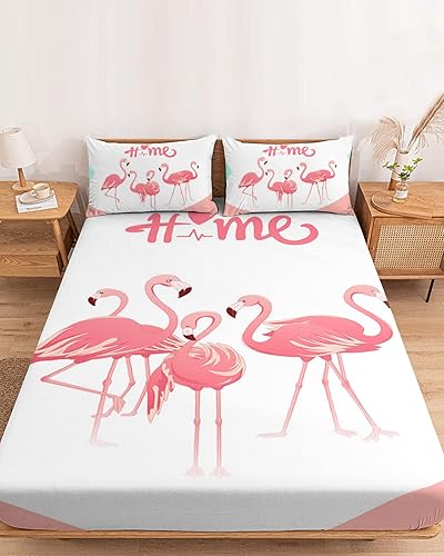 Romantic Summer Flamingo Love Heart Tropical Animal Bedding Fitted Sheets King for Mattress,Brushed Extra Deep Pocket Up to 16 Inch,Soft Bed Bottom