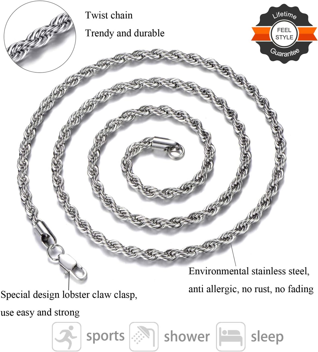 FEEL STYLE Stainless Steel Chain 925 Silver Rope Chains 3-5mm Twist Rope Necklace 14-30 Inch - Image 3