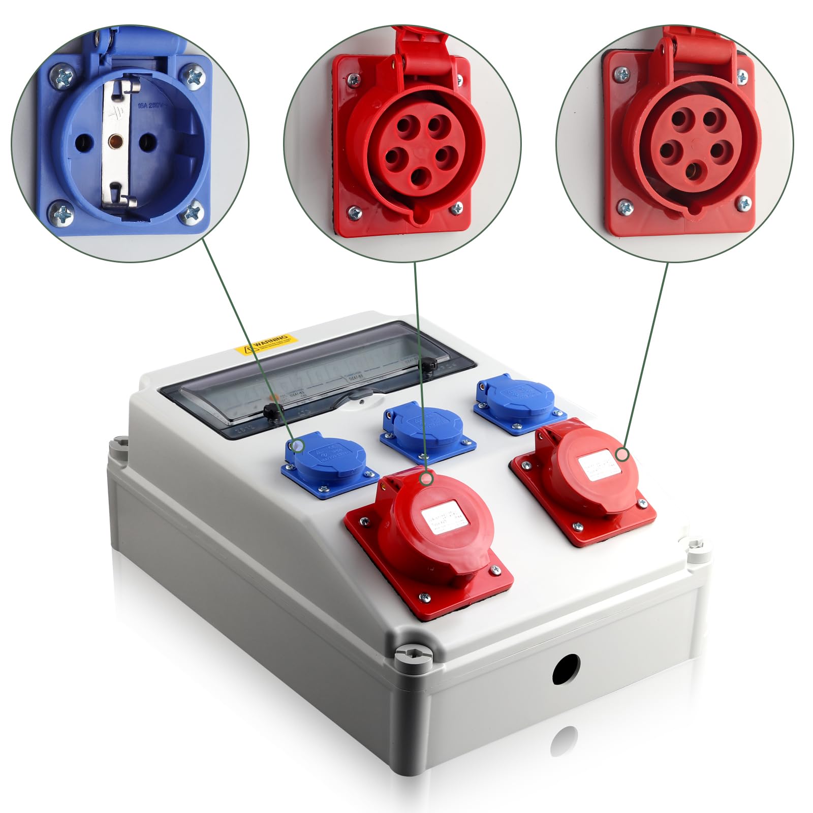 EYPINS Distribuidor de Corriente para Construcción con LS+FI, Distribuidor de Pared 3x 230V Enchufes Schuko 16A+Enchufes CEE 16A+32A, IP66, ABS Ignífugo para Interiores, Exteriores, Talleres y Fábrica