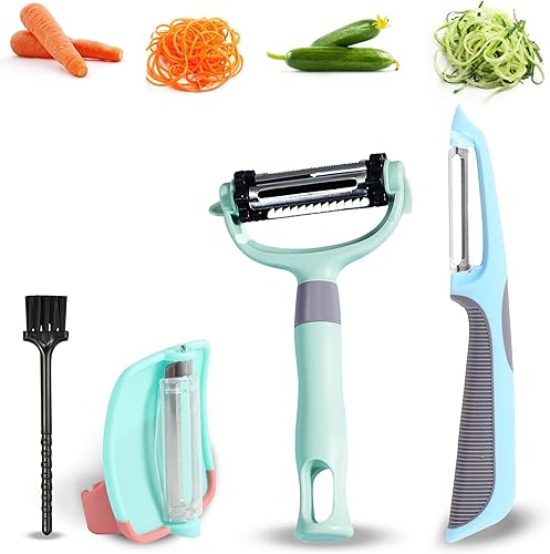 BuyBrilliance Peeler Juego de 3 peladores de frutas de acero inoxidable, 3 en 1, pelador de papas con hoja giratoria para verduras sin esfuerzo,