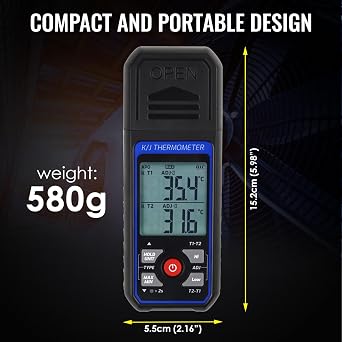 Digital K J Type Thermocouple Thermometer Dual-Channel with 4 K-Type Thermocouple Probes, Industrial High Low Temperature Meter HVAC Gauge -328~2501℉ Range with Backlit LCD, Alarm & ADJ Compensation