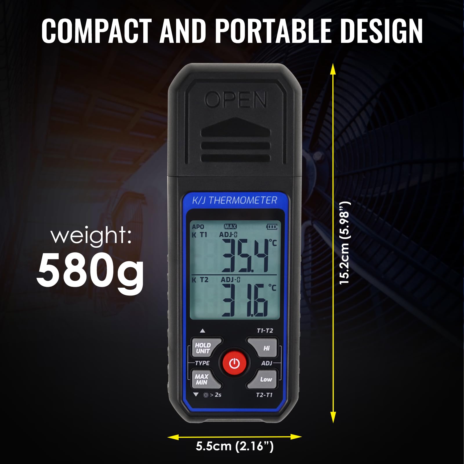Termometro digitale a doppio canale tipo K/J con 4 termocoppie, campo -328~2501℉, strumento di misurazione temperatura HVAC con allarme