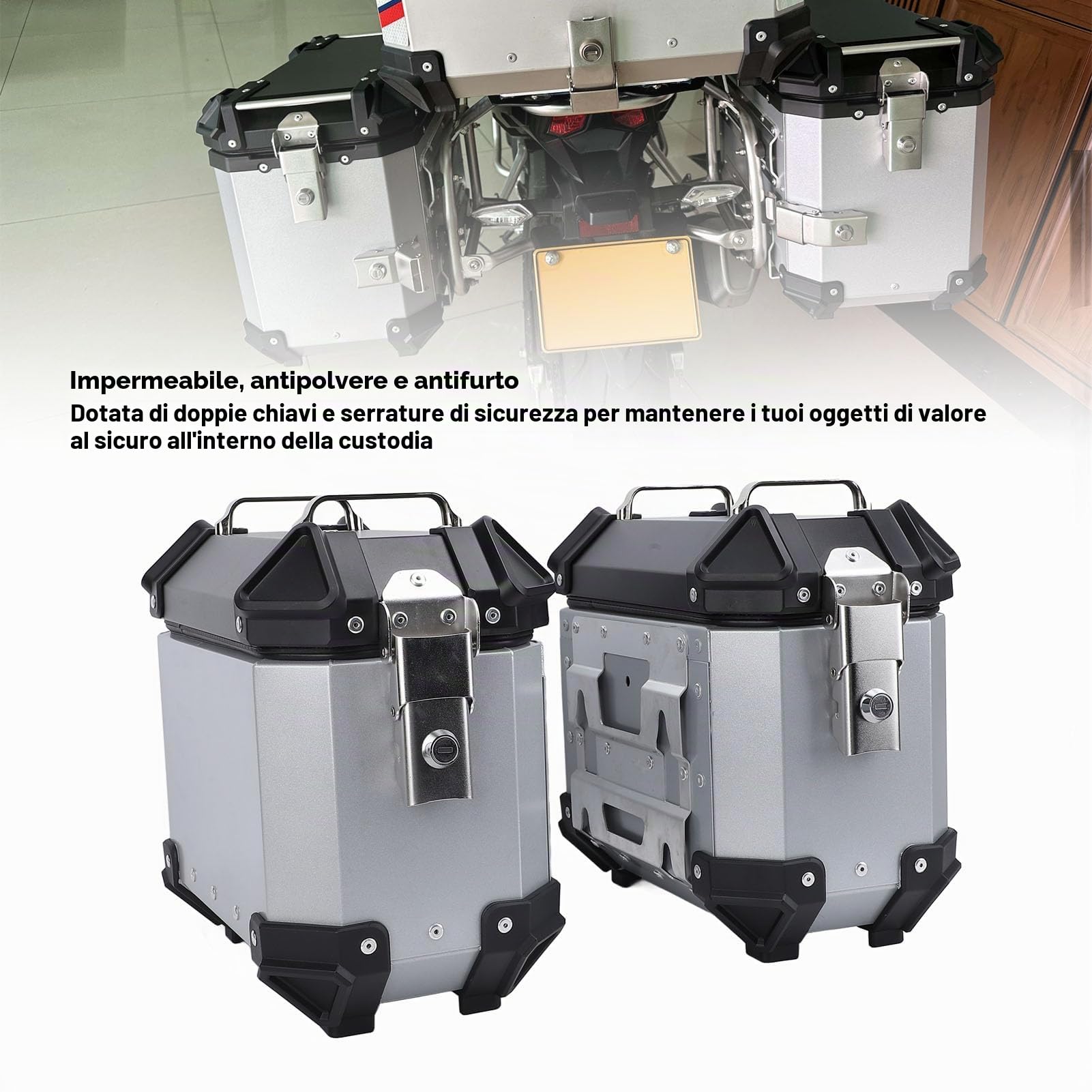 Borsa Laterale per Moto 18L in Alluminio Caso Rigido per Moto con Cerniera Antifurto Maniglia e Rivestimento Termico per Casco e Bagagli Argento