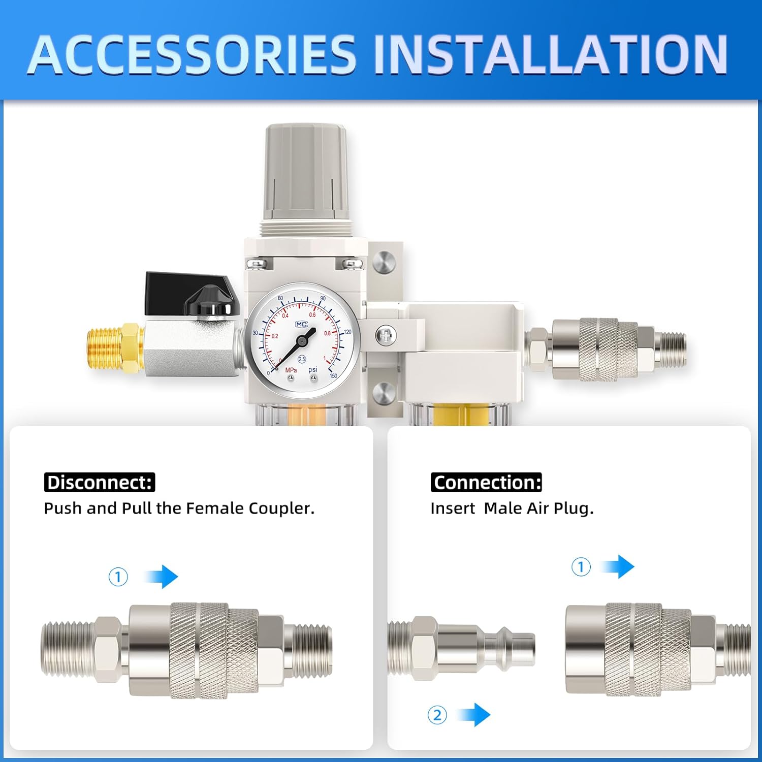 1/4" NPT Air Drying System, Double Air Filters with 150 PSI Gauge and Valve Shut Off Switch for Plasma Cutter and Paint Spray, Manual Drain