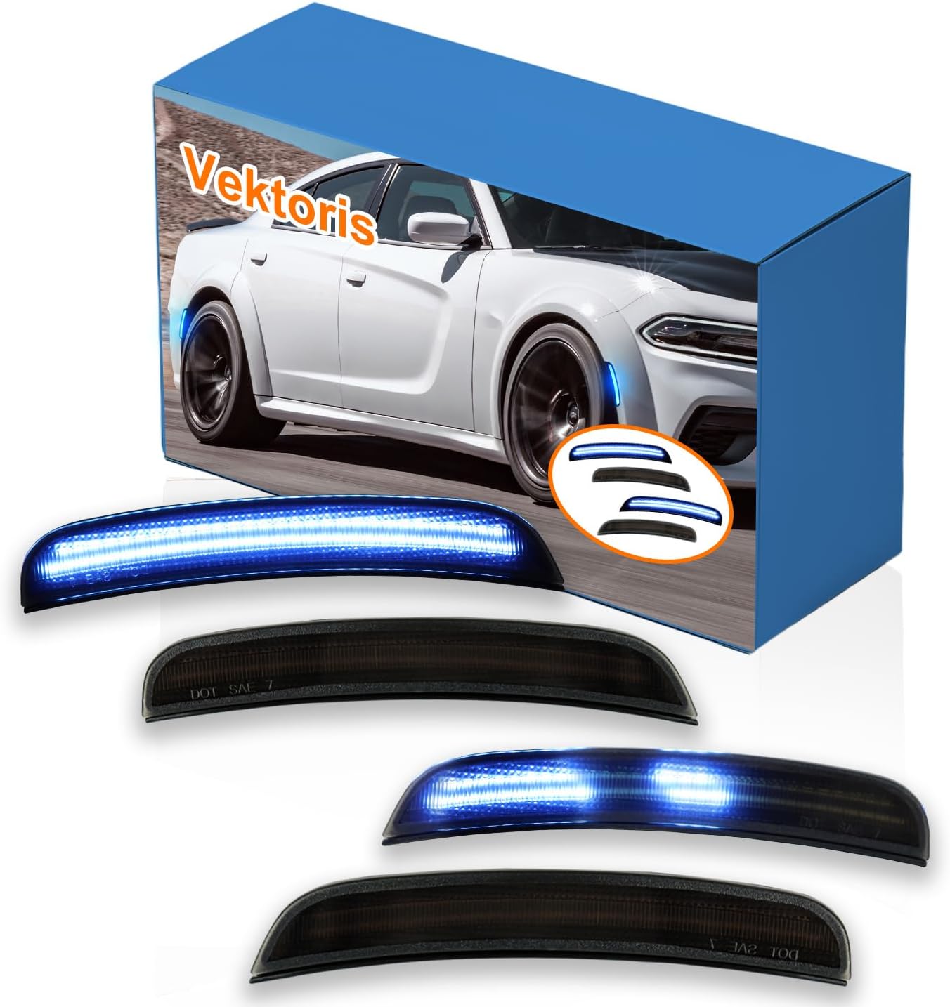 4PCS LED Front & Rear Bumper Side Marker Lights KIT Smoked Lens for Dodge Charger 2015-2023 - Sequential Side Marker Lamp Assembly,Plug & Play (Blue Light)
