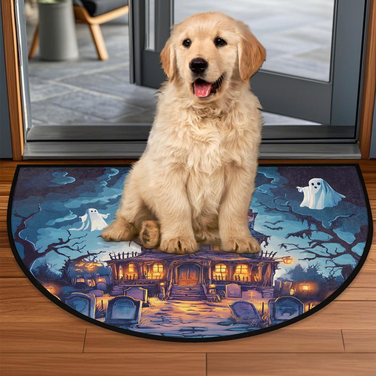 Half Round Door Mat Ghosts House Festival Non-Slip Soft Semi Circle Rug Washable Half Moon Welcome Entrance Doormat for Outdoor Indoor Floor Bedroom Bathroom Home Kitchen Festival Decor Gift