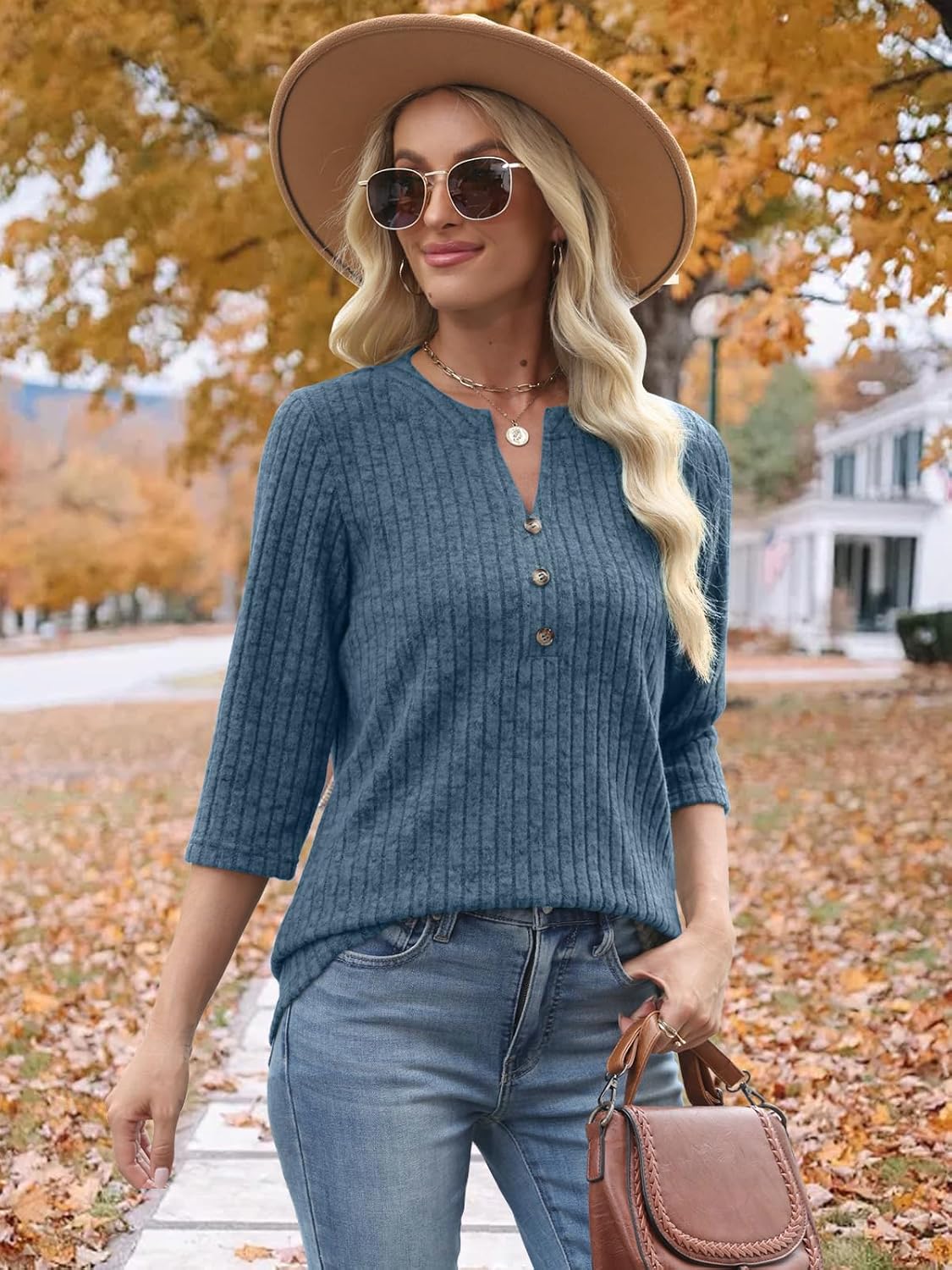 Womens Sweaters 3/4 Length Sleeve Tops Fall Fashion V Neck Casual Sweatshirt Winter Clothes - Image 5