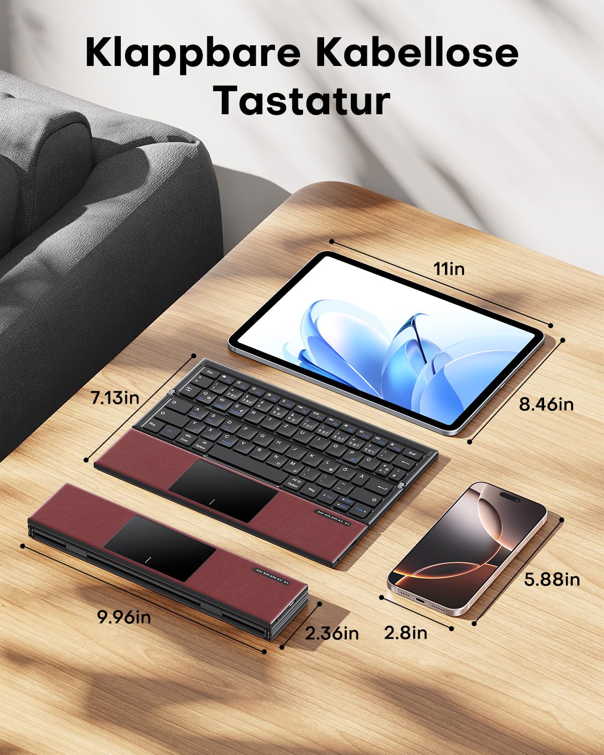 OMOTON Faltbare Bluetooth Tastatur mit Touchpad, Tragbare Kabellose Tastatur Mini Reise für iOS Android Windows Laptop PC Tablet Smartphone, QWERTZ - Burgunderrot