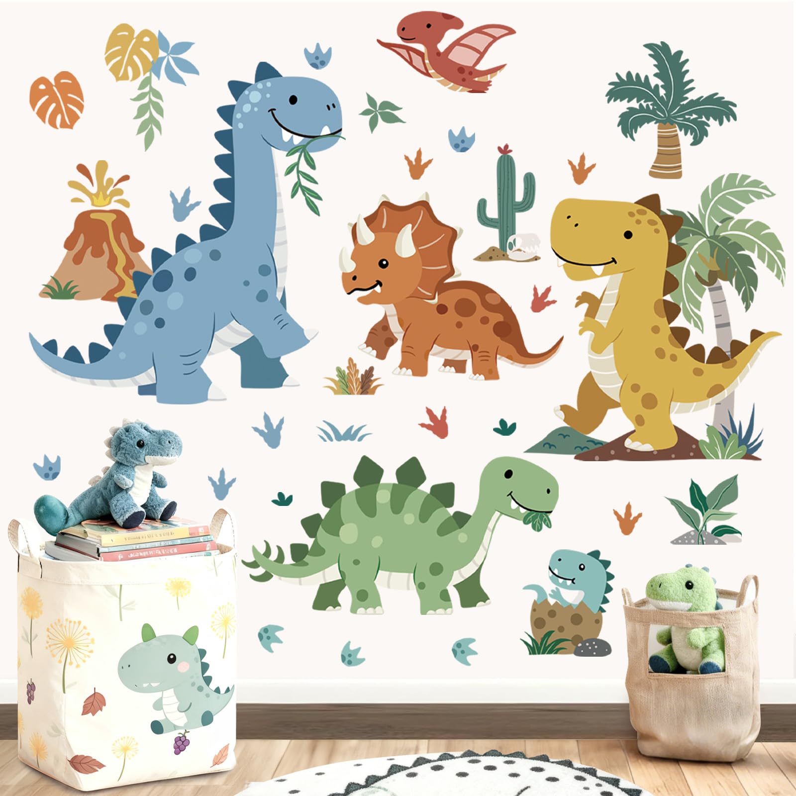 decalmile Boho Dinosaur Wall Decals Dino Tropical Plants Palm Tree Volcano Wall Stickers Boys Bedroom Toddler Kids Room Baby Nursery Home Decor