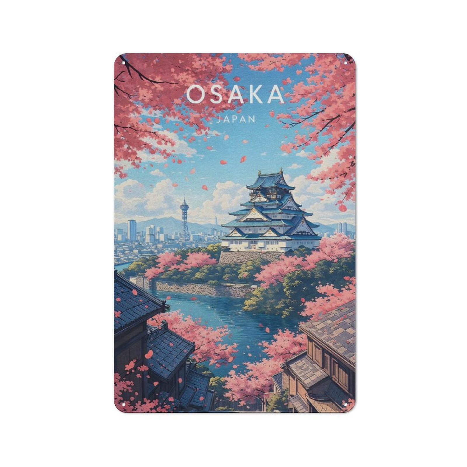 Urban Osaka Castle Cherry Blossoms Decorative Metal Plaque 30x20cm, Urban Room Decor for Flat, Bar, Studio Or Gallery Wall