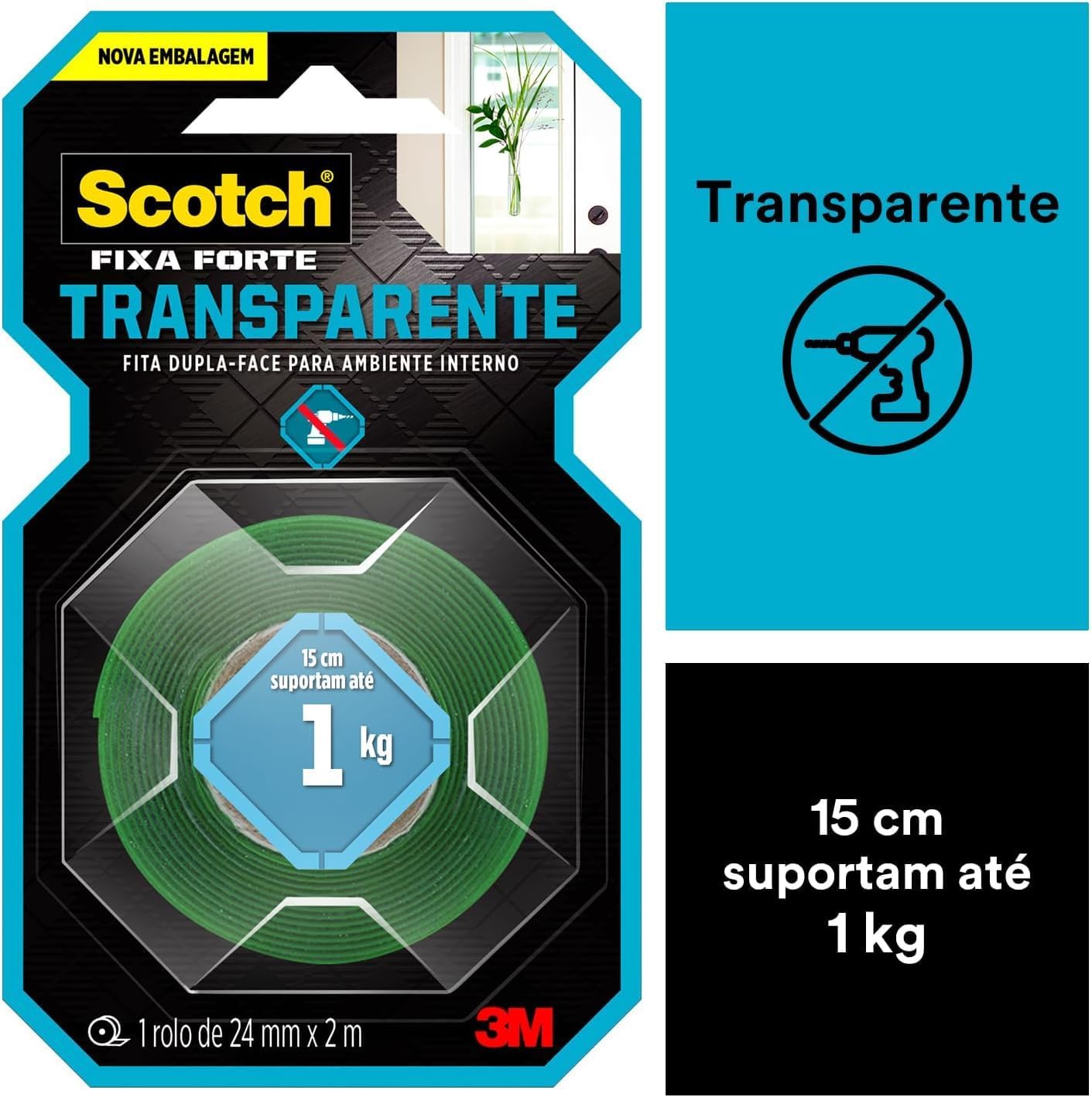 Scotch, 3M, Fixa Forte, Fita Dupla Face, Transparente, 24mm x 2m