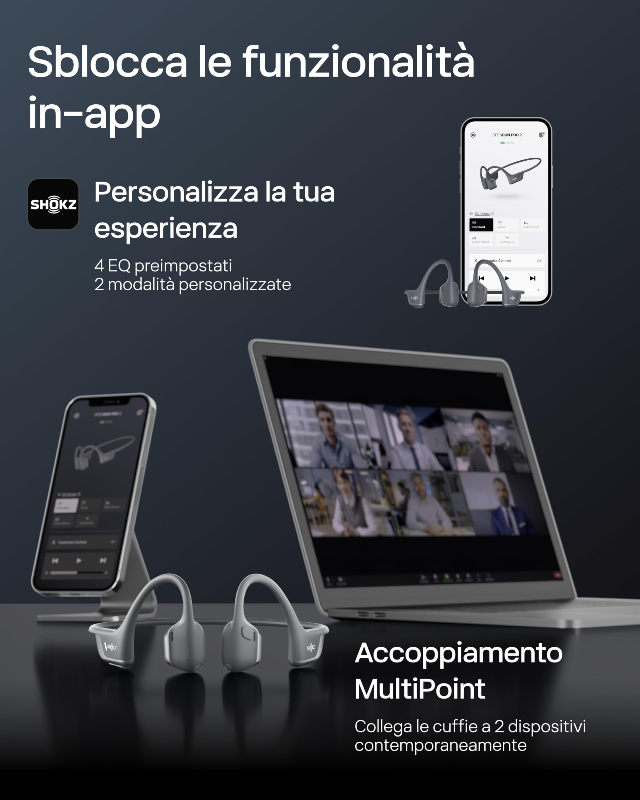 SHOKZ Cuffie Sportive OpenRun Pro 2 a Conduzione Ossea, Wireless Bluetooth 5.3, Microfoni con Cancellazione Rumore, Impermeabili IP55, 12 Ore Riproduzione, Ricarica Rapida USB-C, Nero