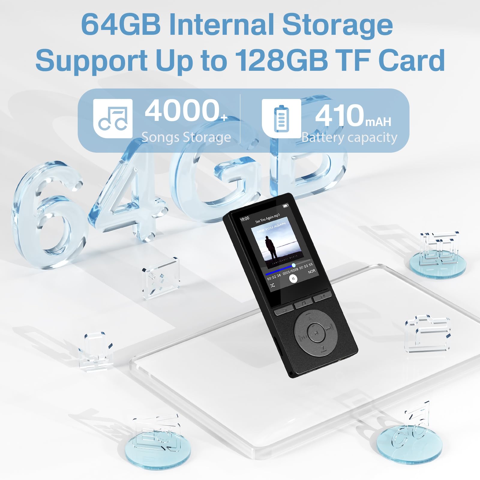 Lettore MP3 da 64 GB con Bluetooth 5.3, lettore musicale HiFi, auricolari inclusi, scheda TF inseribile, nero