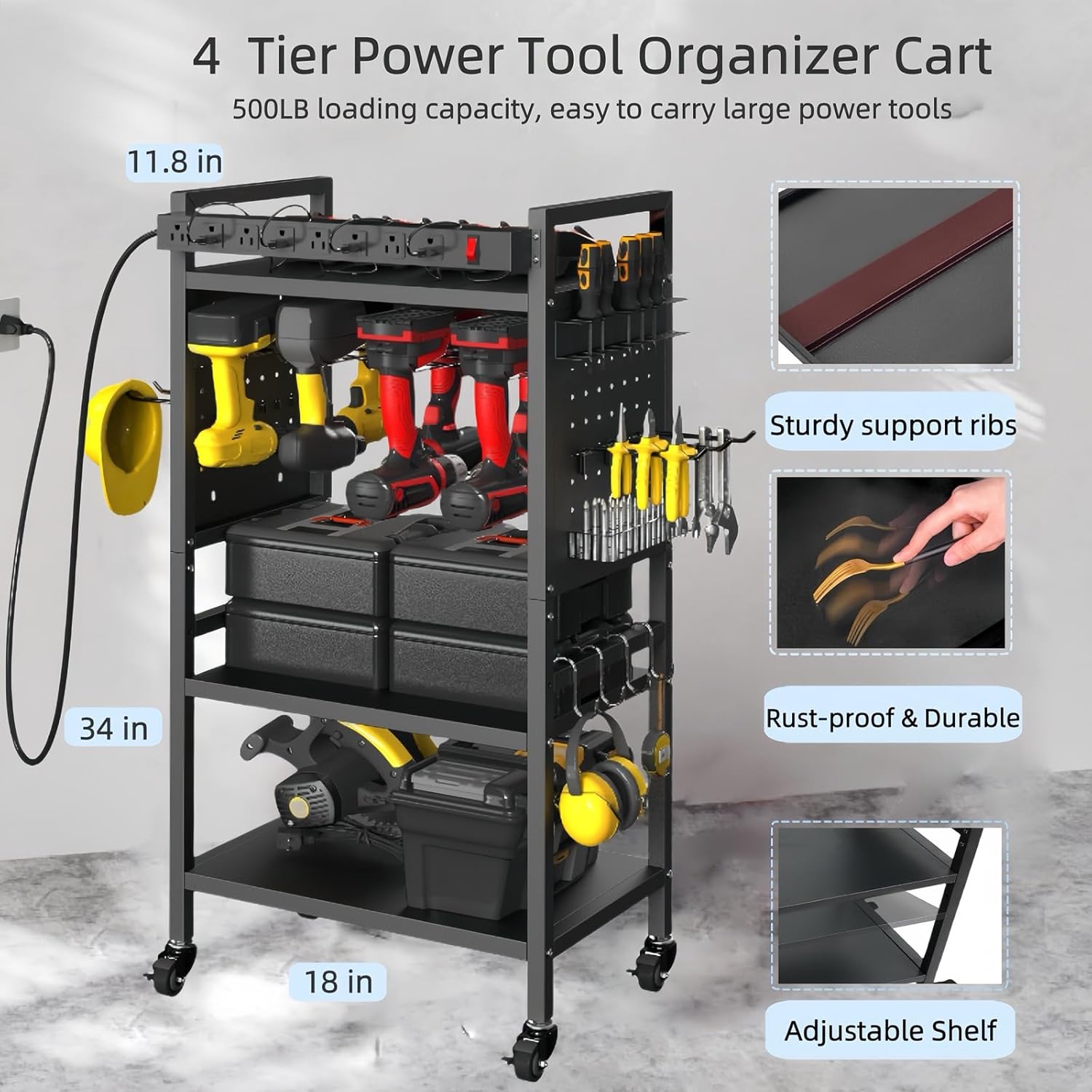 Power Tool Organizer Cart with Charging Station, 4-Tier Rolling Tool Cart for Garage Storage,Heavy-Duty Floor-Standing Storage Rack with 8-Outlet Power Strip,Supports 500 lbs
