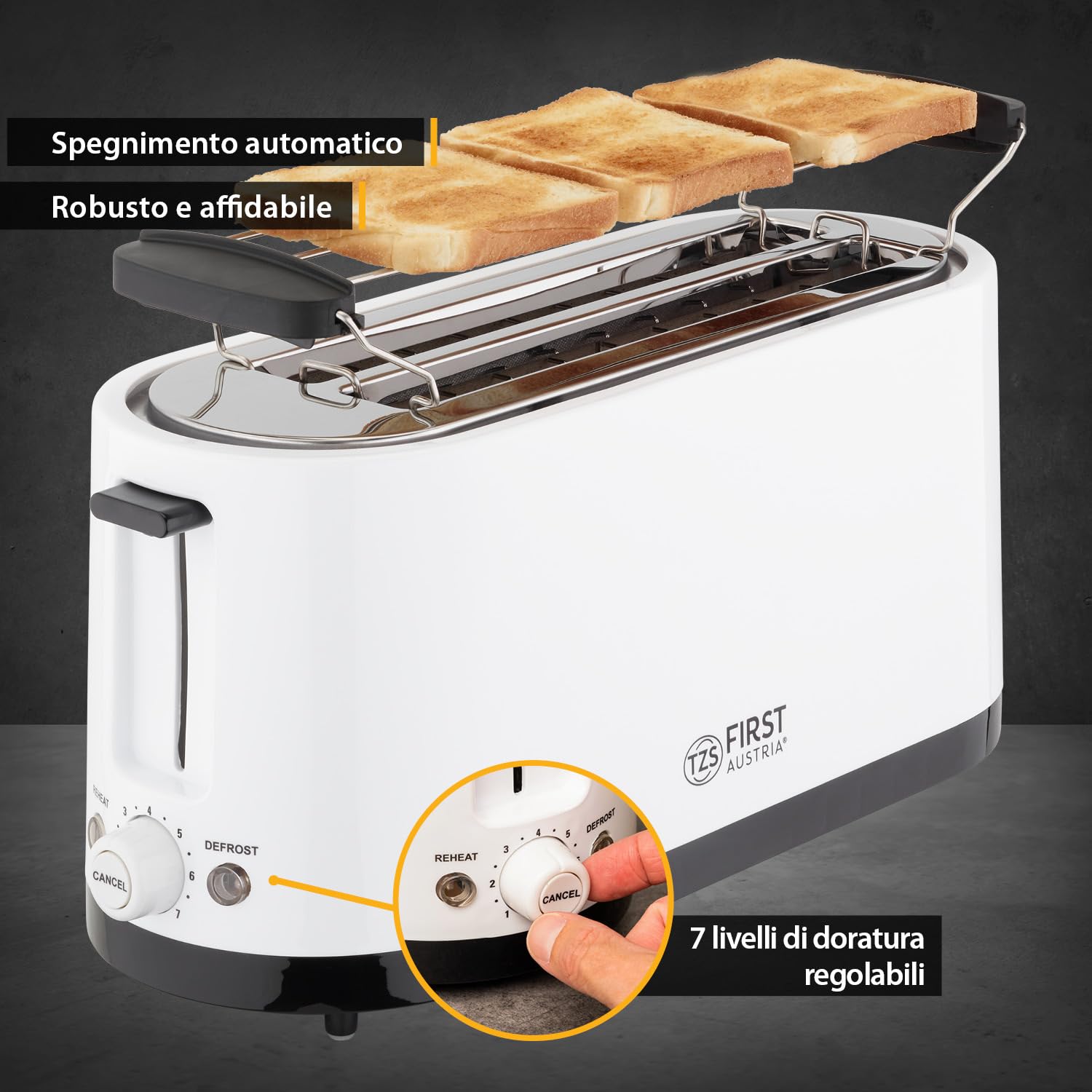 TZS First Austria tostapane 4 fette, 1400W, cassetto raccoglibriciole, scaldapanini, corpo isolato, regolazione temperatura, acciaio inox, funzione scongelamento, centratura pane