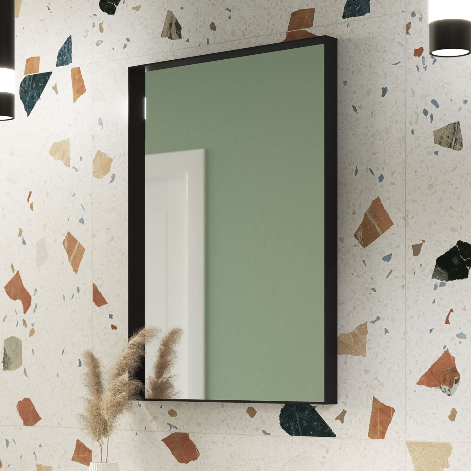 Pebble Grey Matt Black Eva Bathroom Mirror | 500X700mm | | Rotatable | Aluminium Frame | Wall Mounted