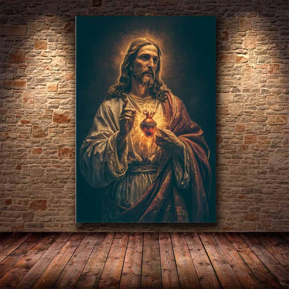 HUYEEI Jezus płótno ścienne święte nordyckie objawienie Jezusa druk na płótnie dekoracja plakat do dekoracji kościoła sypialnia (czarny)-60 x 80 cm oprawione