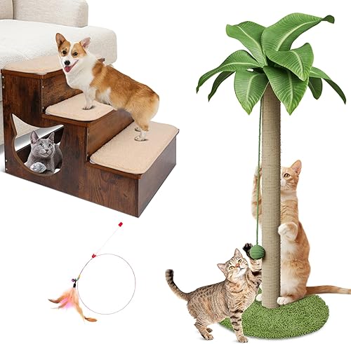 Kphico Escaleras de madera para mascotas de 3 niveles, escaleras de madera para perros de 14.2 pulgadas, poste rascador para gatos grandes de 33.5