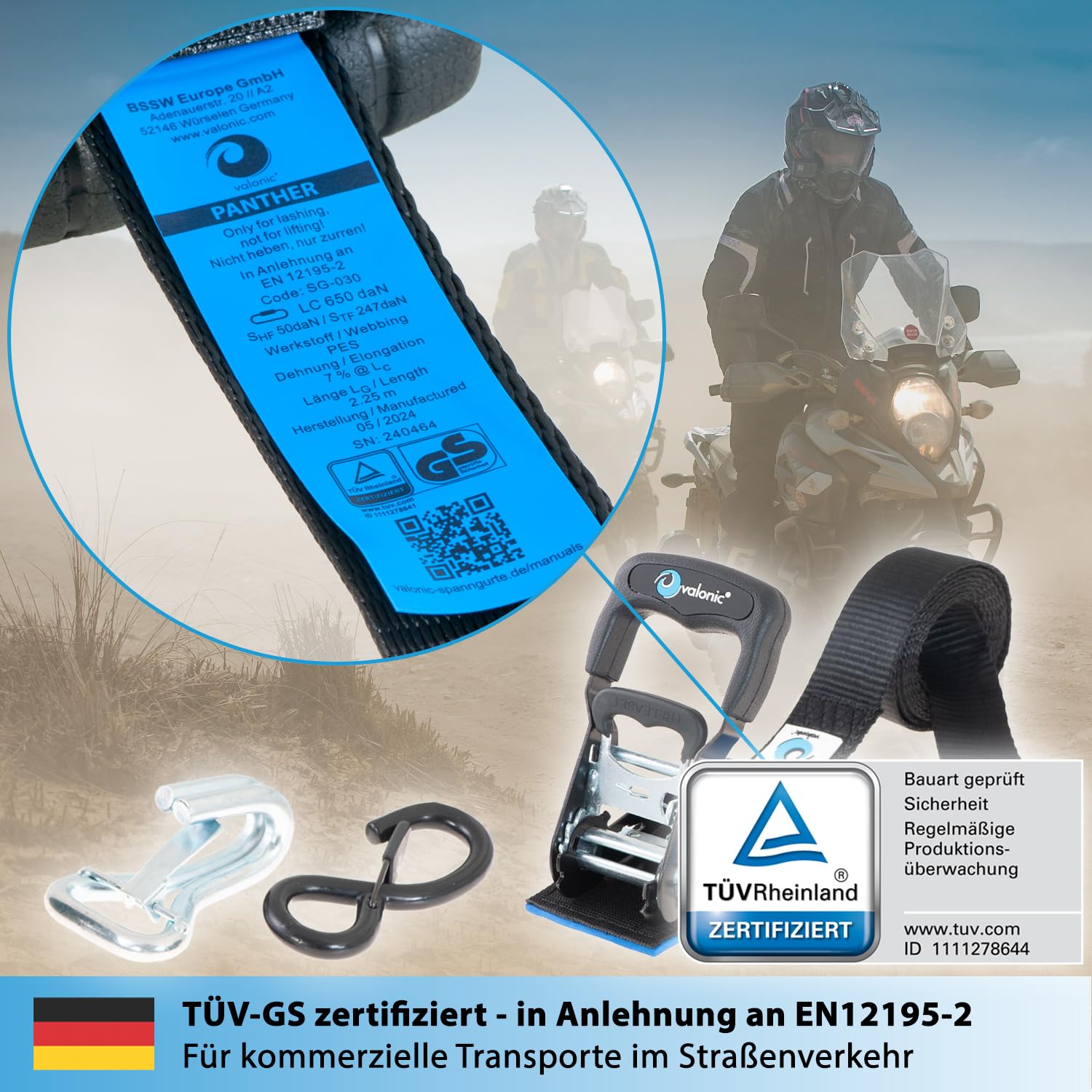 valonic PANTHER - 2x Motorrad Spanngurte mit Haken, 2,25m, blaue Fahne, 38mm, mit Polster, 650/1300 Kg, TÜV Rheinl. / GS zertifiziert, EN 12195-2 - sehr kurzer Spannweg, Motorradhalterung für Anhänger