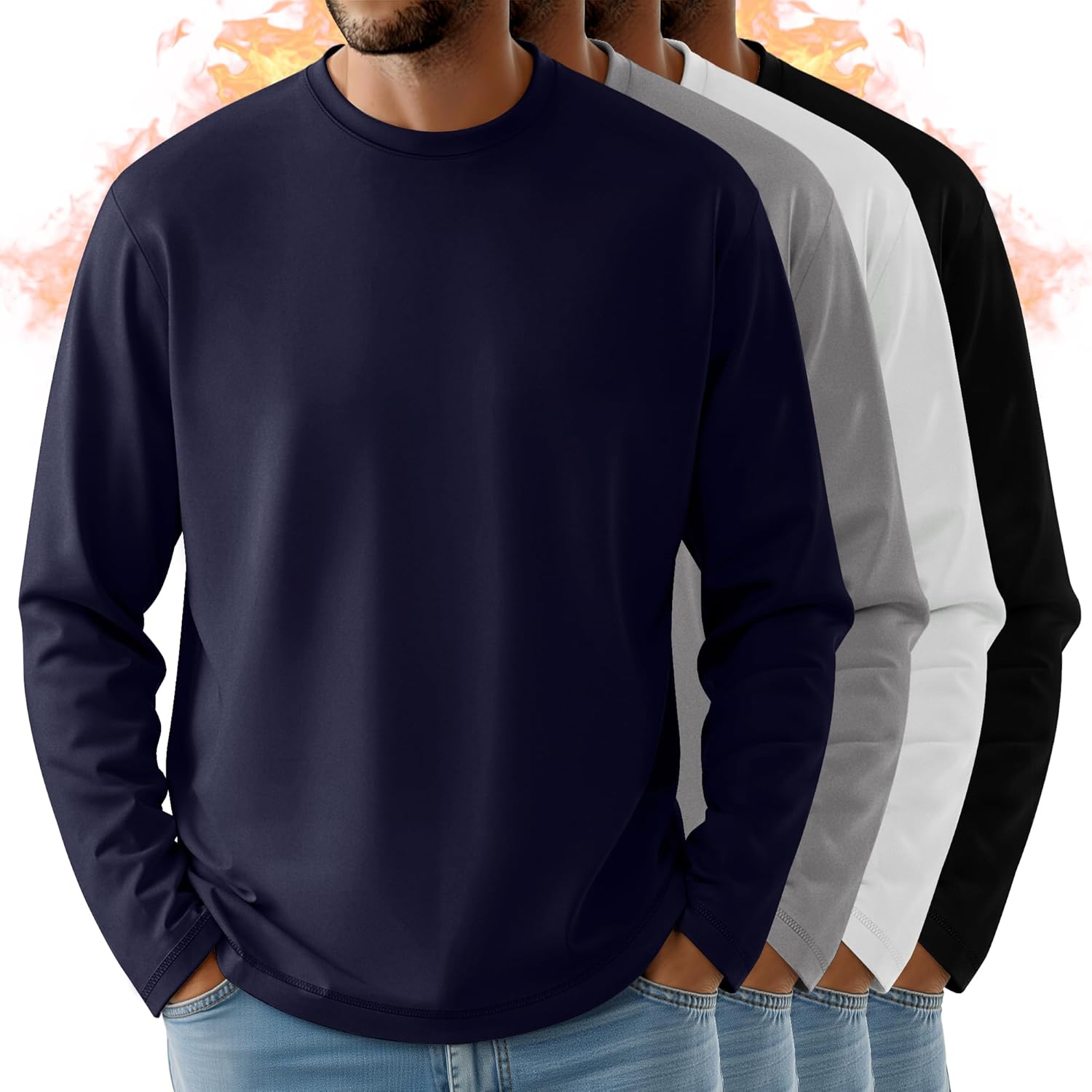 4 Pack Men's Big and Tall Long Sleeve Fleece Shirts, Crew Neck Thermal Sweatshirts Loose Casual Soft Basic Tops