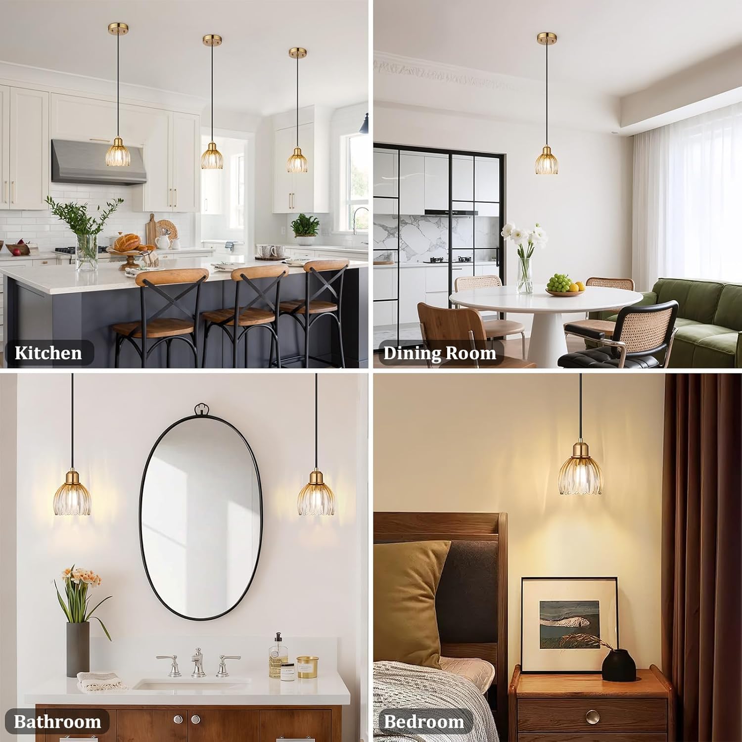 TALOYA Pendant Light 3 Pack with Amber Tulip Glass Lmapshade, Brass Vintage Pendant Light Adjustable Hanging Light for Kitchen Island Bedroom Dining Room Hallway& Bar
