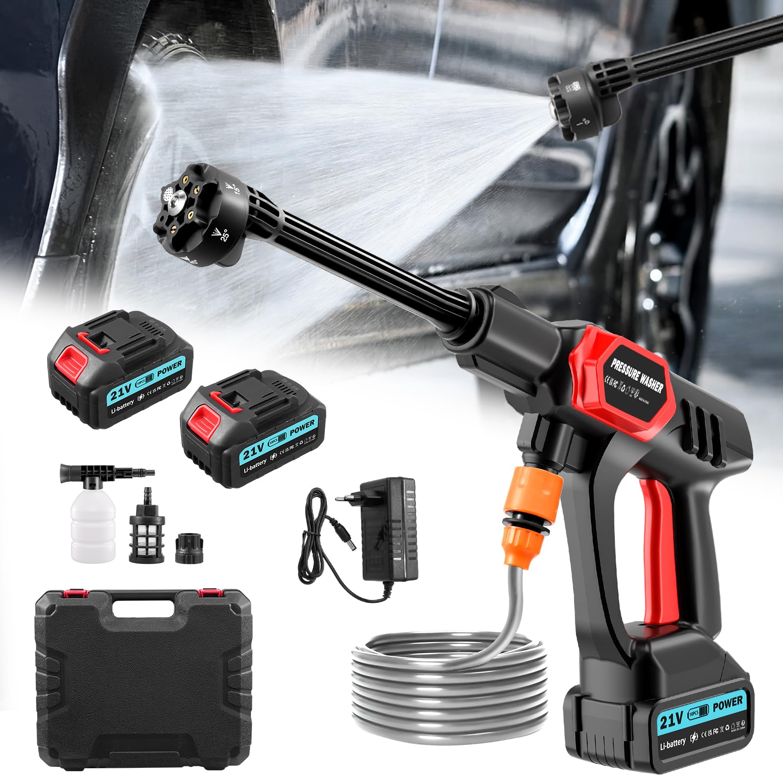 Hidrolimpiadora de Alta Presión, 80 Bar/1160 PSI, Pistola de Agua a Presión con Boquilla 6 en 1, Manguera 5M, Batería 6000 mAh, Portátil para Coches y Jardín