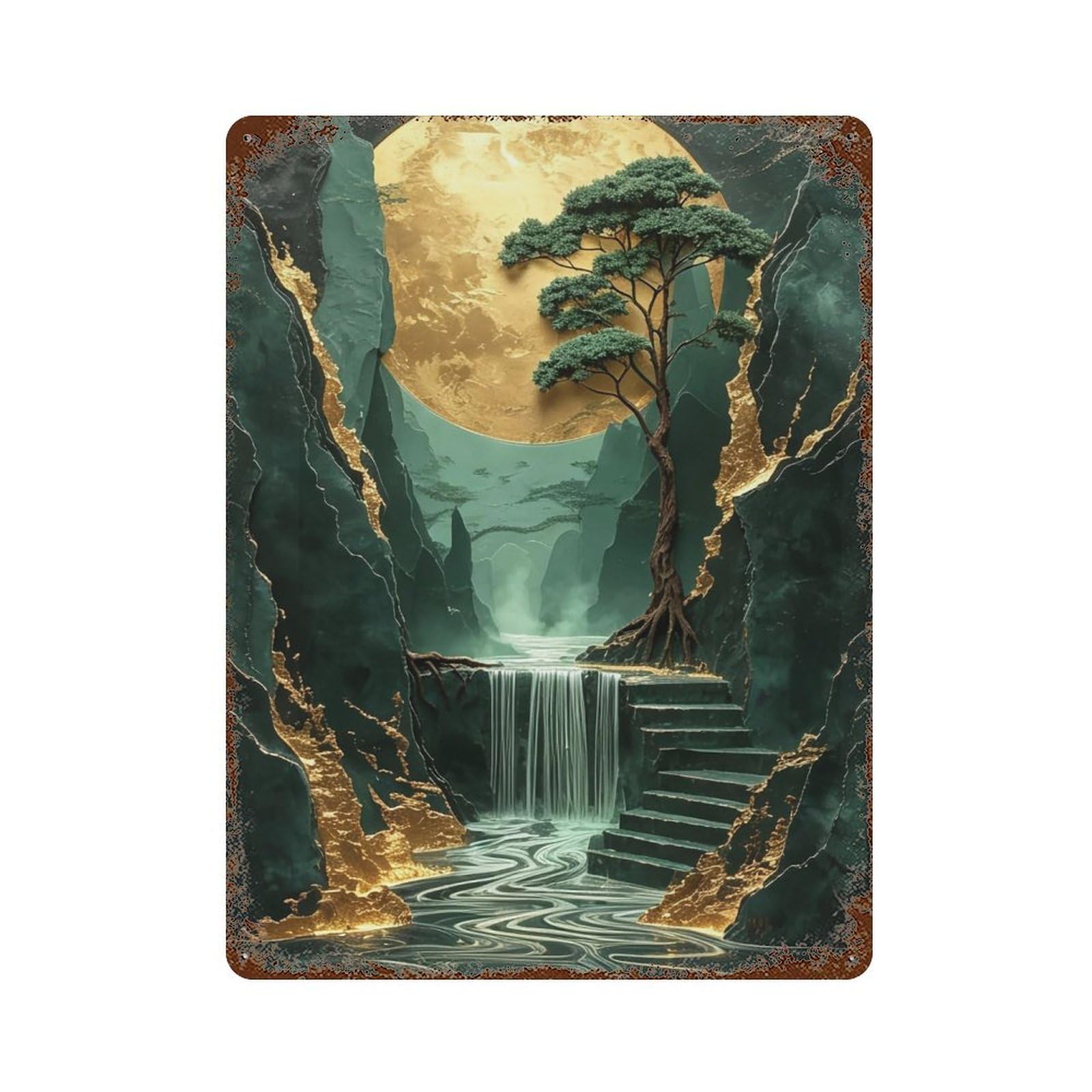 WIHYRTUI Gilded Relief Oriental Pine Golden Moon Waterfall 03 Wall Retro Iron Metal Tin Sign Vintage Art Poster Modern Home Cofffee Club Art Bar Shop Decor Style 40x30cm