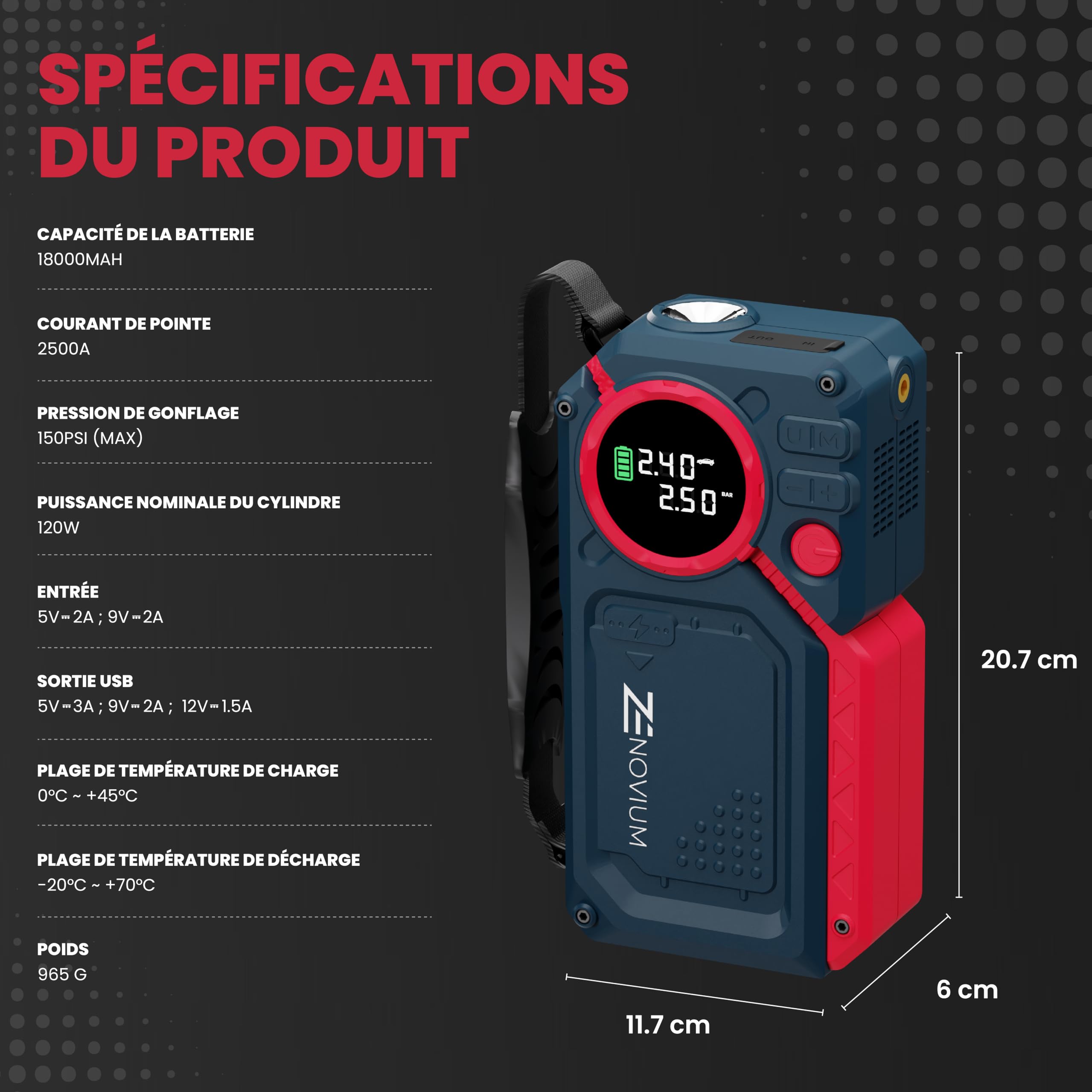 Arrancador de Coches 2500A con Compresor 150 PSI, Booster de Batería 12V, Jump Starter para Gasolina y Diésel hasta 8L, Power Bank 18000mAh, Luz LED 500 Lúmenes, Carga Rápida USB, Portátil