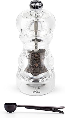 Peugeot - Molinillo de pimienta manual acrílico Nancy - Juego de regalo de molinillo ajustable transparente - con cuchara de especias de acero