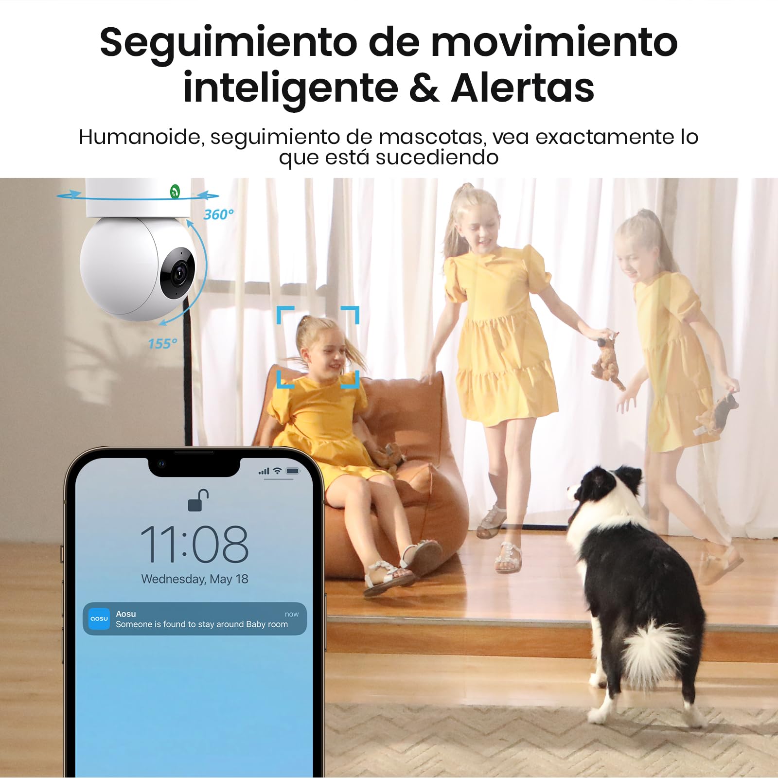aosu 2K Camara Vigilancia WiFi Interior 360°, Nocturna HD de 10 m, WiFi 5G/2.4 GHz, Detección Humana AI, Audio Bidireccional, Llamada de un Toque, para Bebé/Mascotas, Compatible con Alexa
