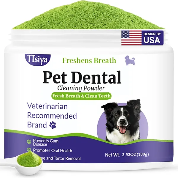 TTsiya Dog Teeth Cleaning Powder, Pet Dental Powder -Dental Care, Dogs Breath Freshener with Probiotics for Tartar & Reduces Plaque & Bad Breath Teeth Cleaning for Small, Medium, Large Dogs 100g