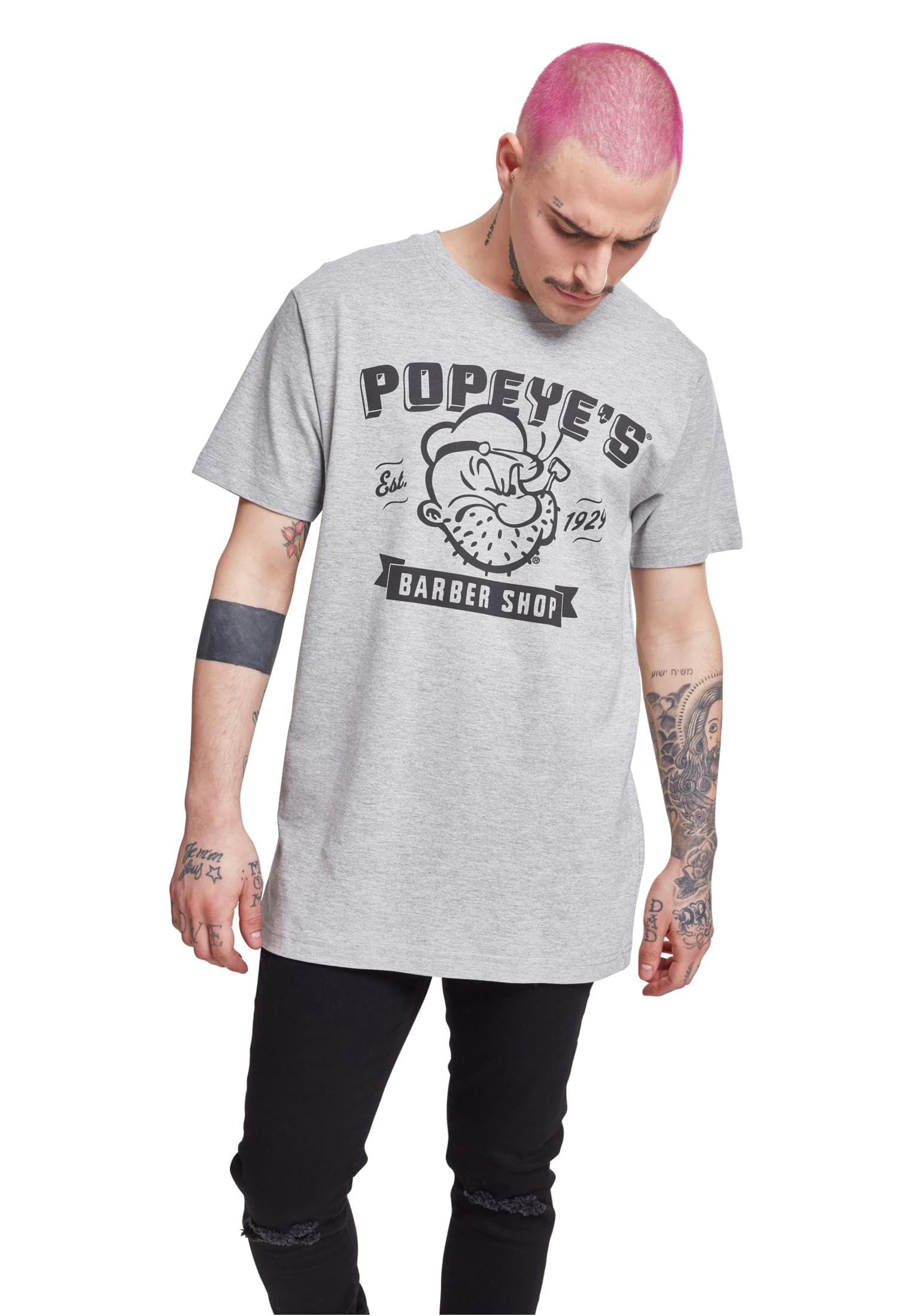 Merchcode Men's Popeye Barber Shop Tee T-Shirt, Heather Grey, XL