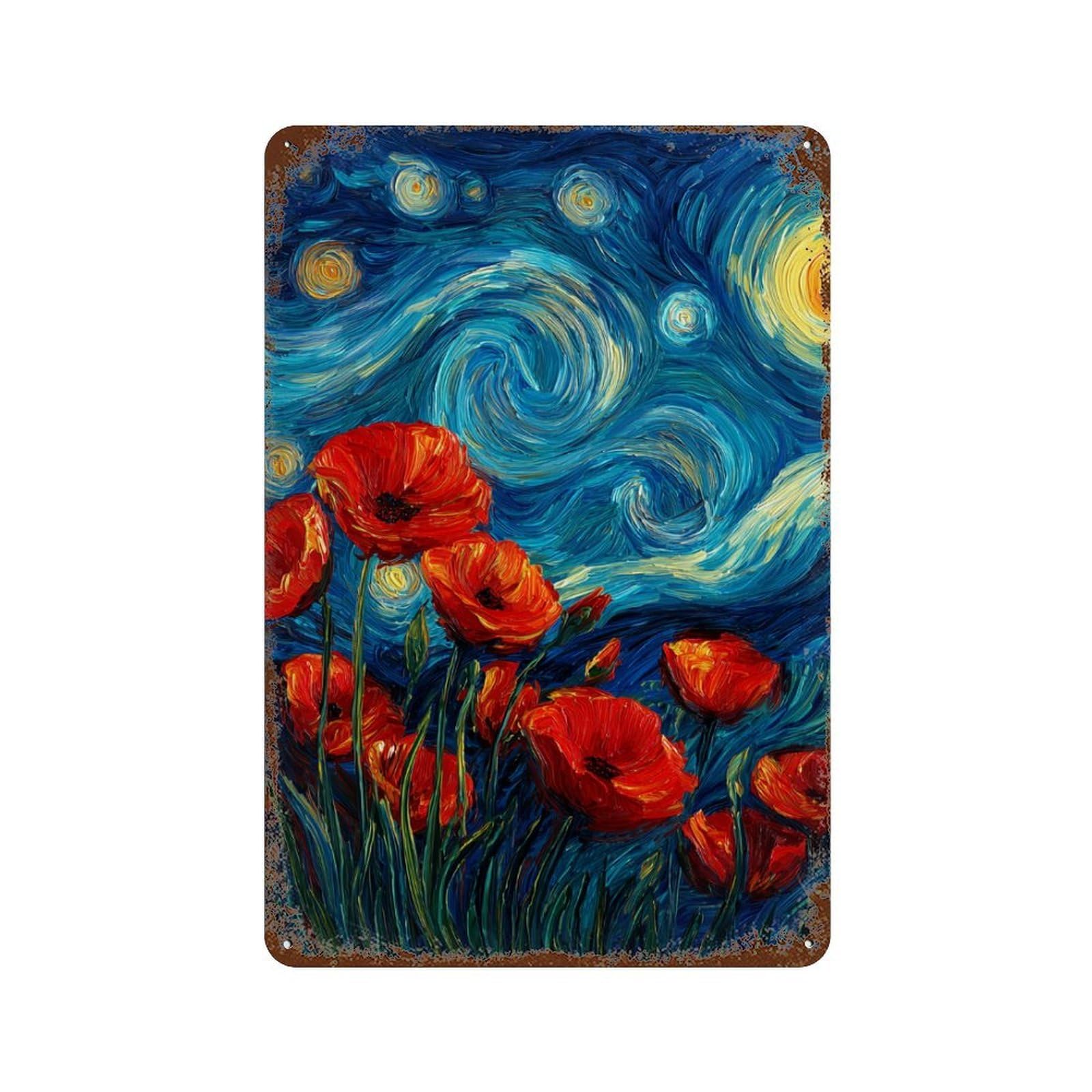 Vintage Metal Tin Sign with Starry Night Poppies Canvas Art Design 11.8"x7.9", for Patio, Garden Room And Bar Decor, Classic Wall Plaque