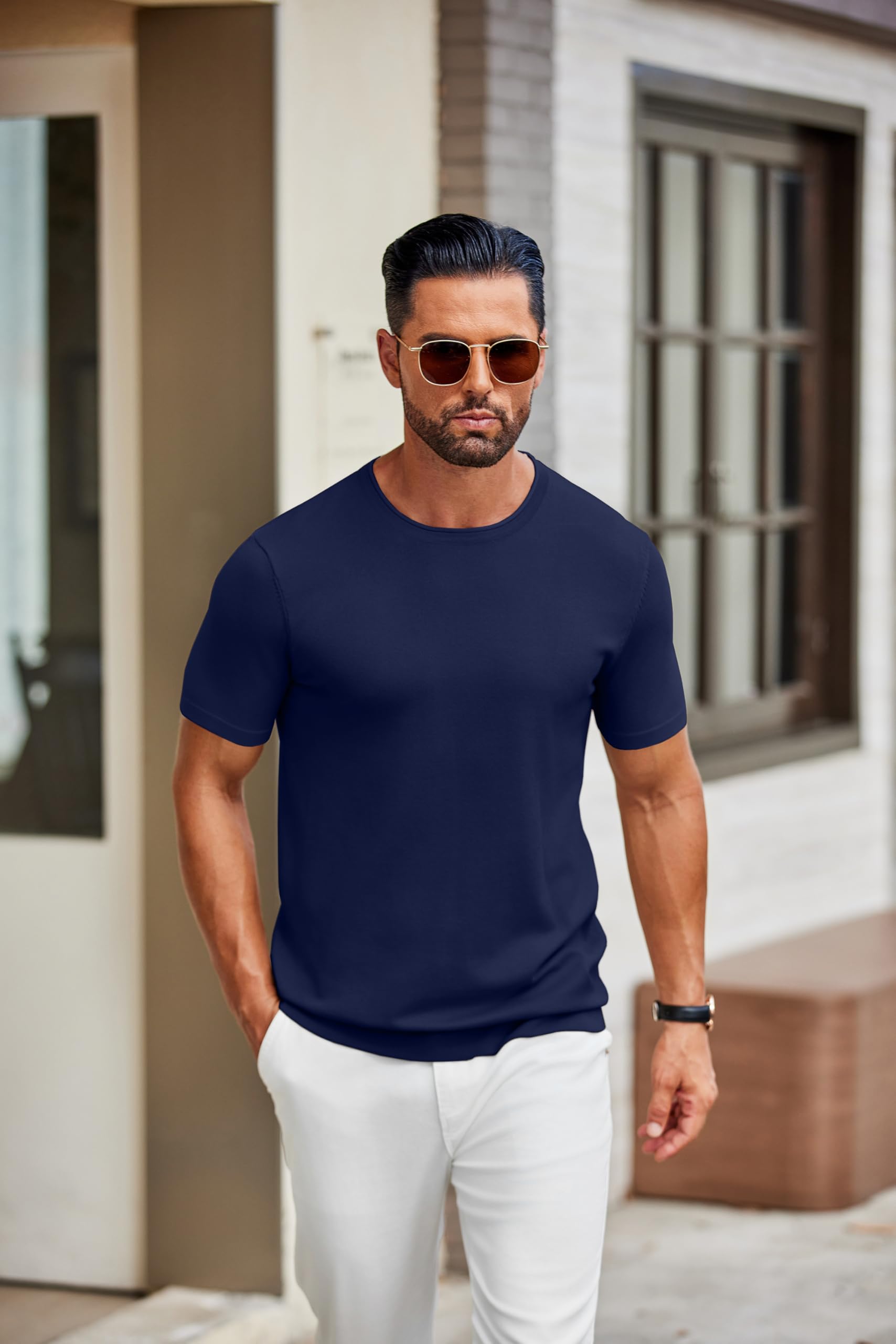 COOFANDY Camiseta Punto Hombre Manga Corta Verano Cuello Redondo