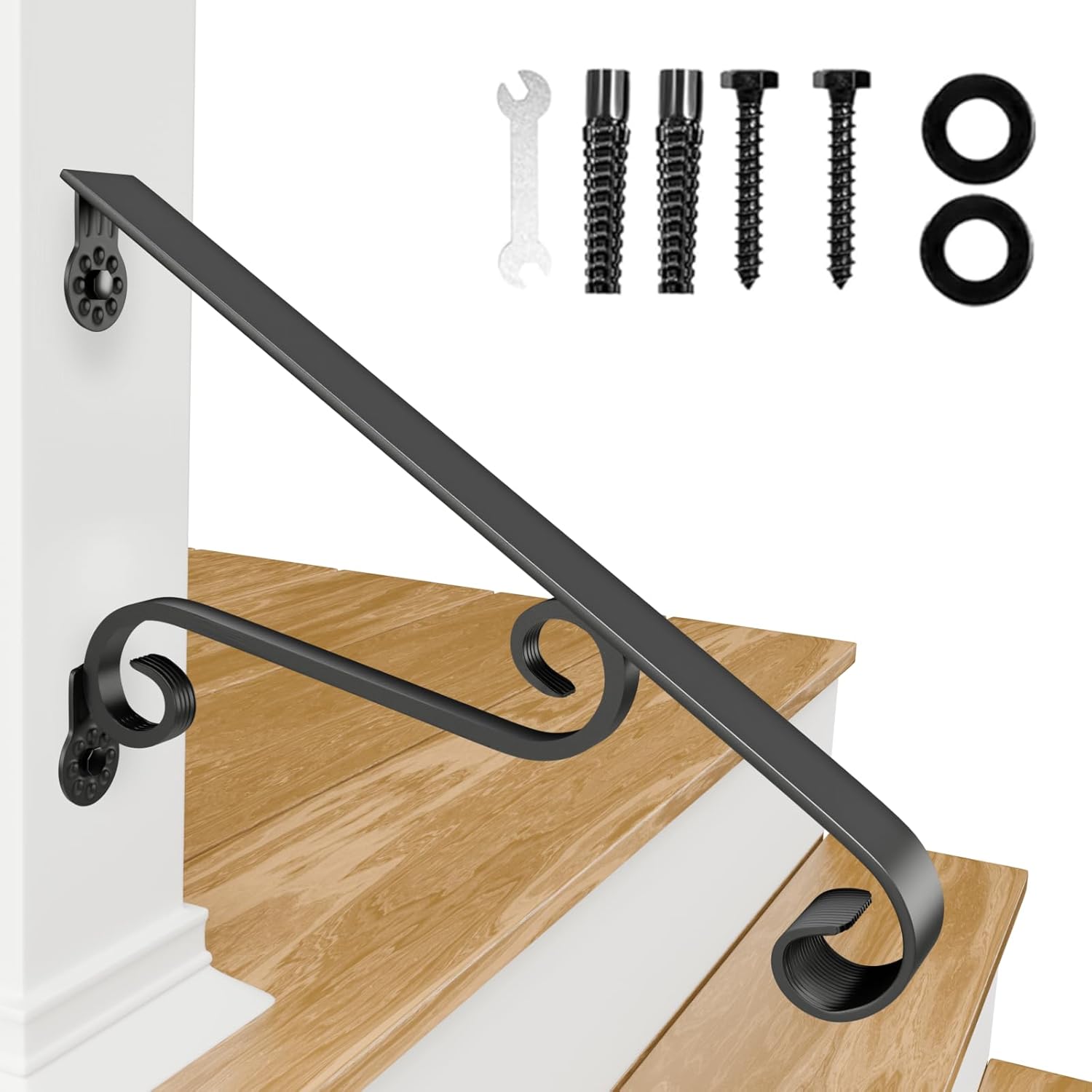 PLESIU Eachome Wrought Iron Handrail Wall Mounted Hand Railing Fit for 1-2 Steps for Outdoor Porch Steps, Black