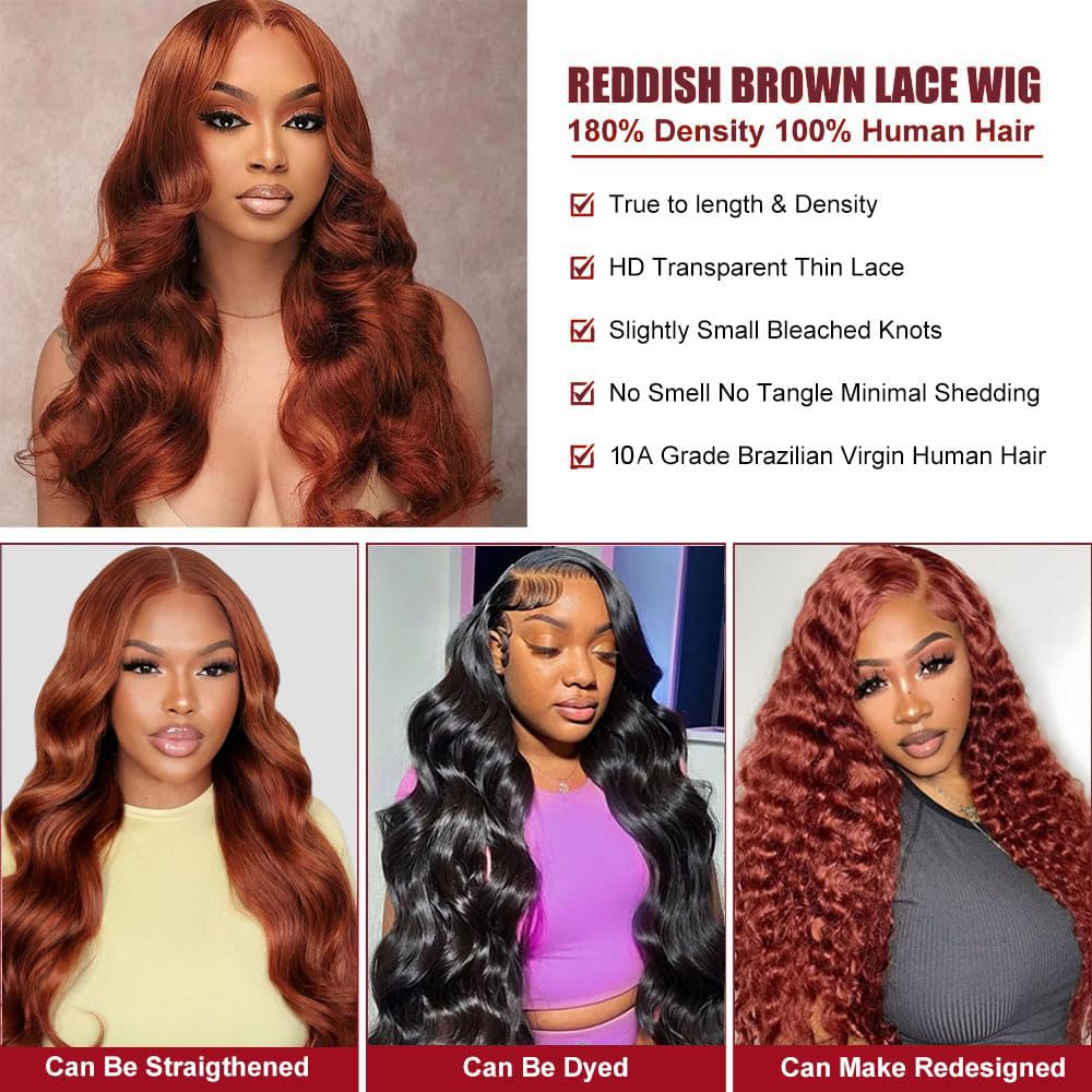 Reddish Brown Lace Front Wigs Human Hair 30 Inch 13x4 Body Wave HD Lace Frontal Wigs Human Hair for Women 180 Density Auburn Colored Copper Red Pre Plucked xiuchunsi