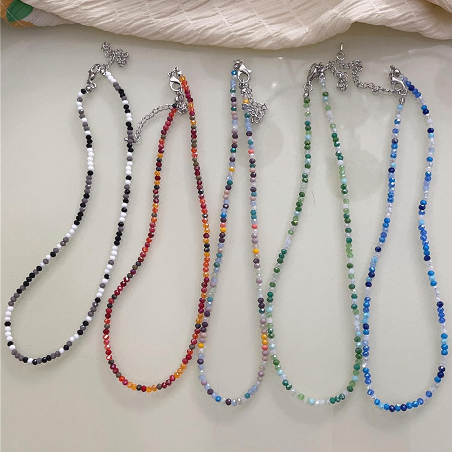 Dainty Colorful Crystal Beaded Chain Adjustable Lightweight Choker Necklace Handmade Bohemian Shiny 3mm Rice Stone Beads Necklace Boho Summer Beach Jewelry for Women - Image 4