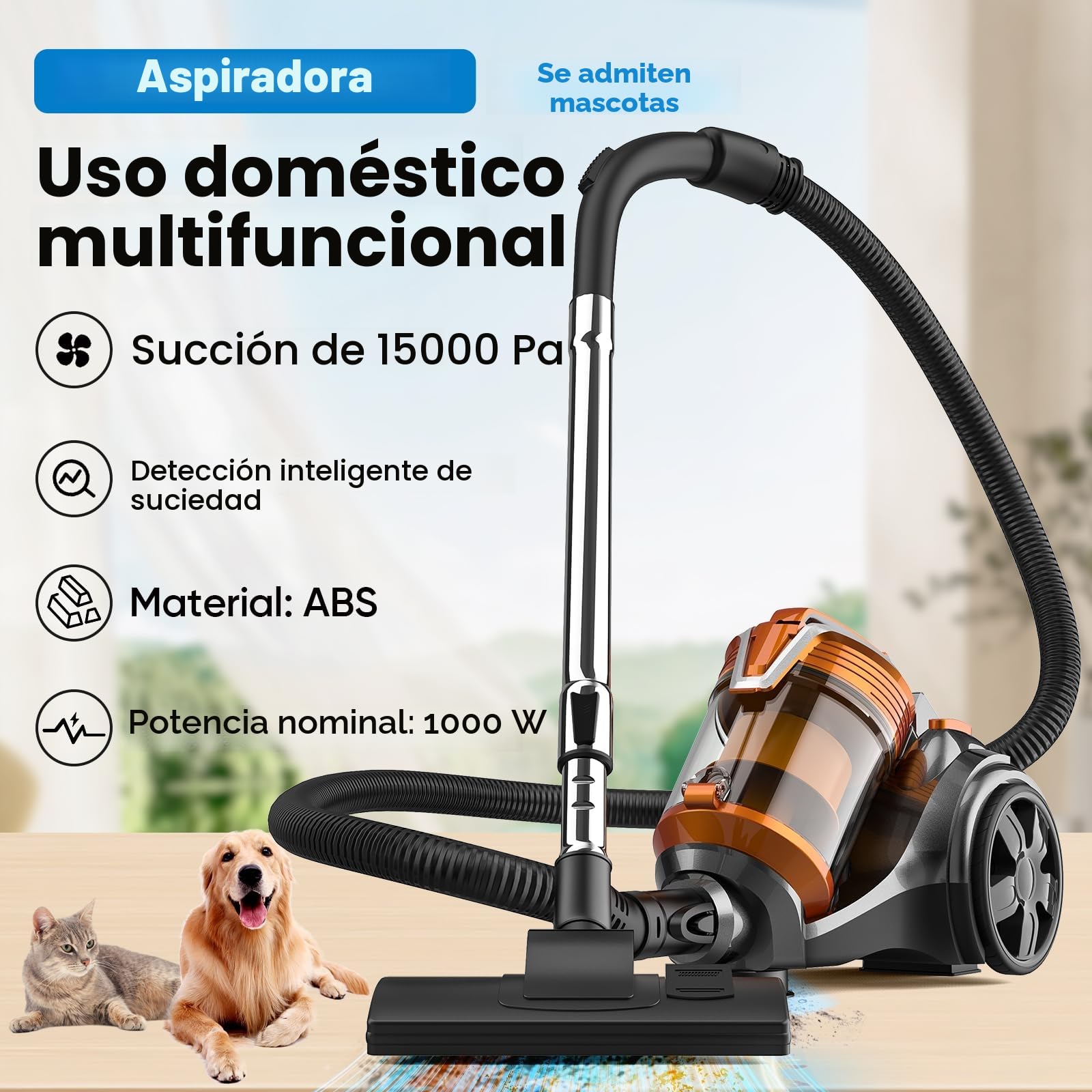 Aspirador sin bolsa, 3600W, potente aspirador 15000pa. Aspiradors potente con cable portátil, aspiradors con bolsa trineo silencioso, cable de 5 m, motor de bajo consumo, alfombras de pelo de (3.5L)