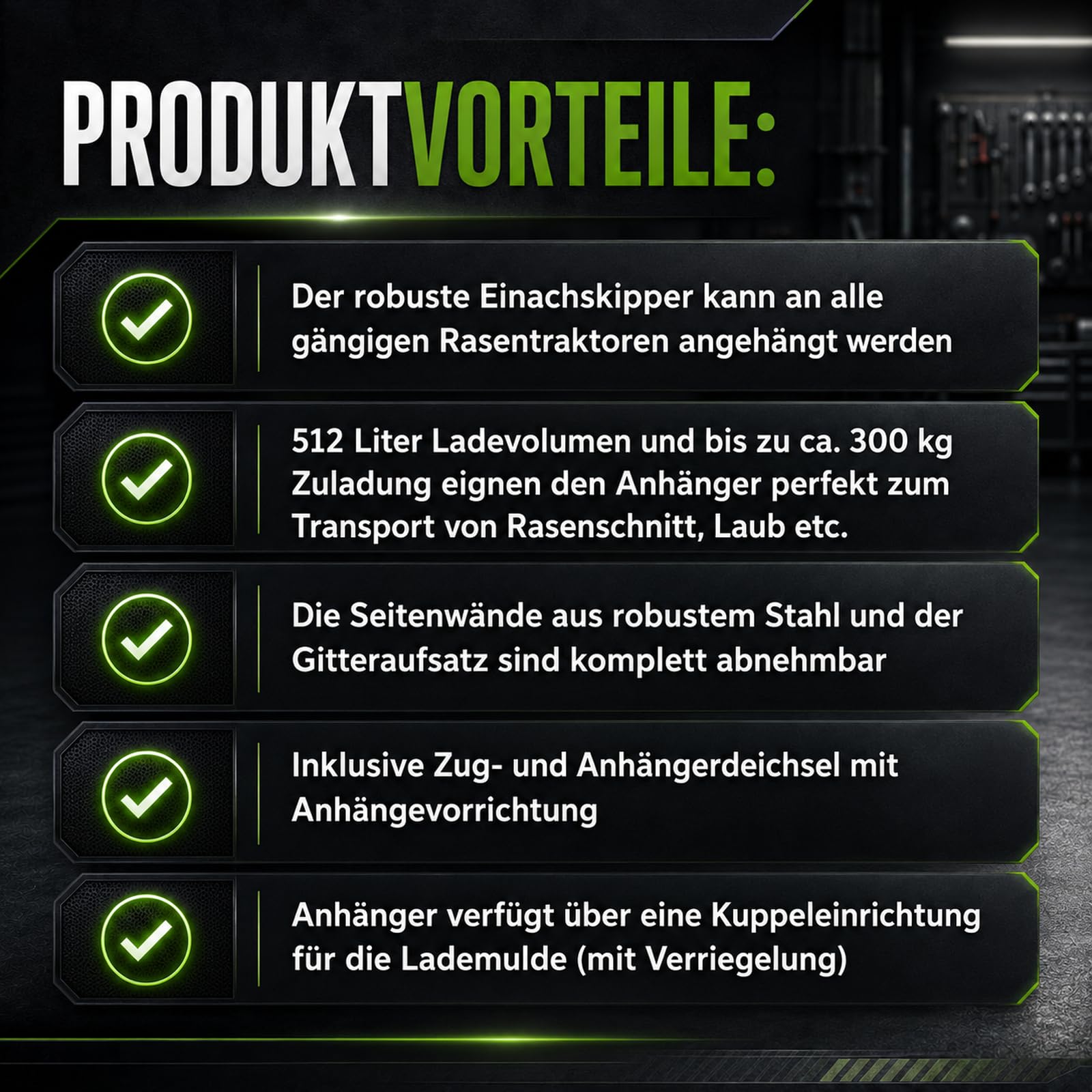 TRUTZHOLM Anhänger Rasentraktor 300 kg kippbar Aufsitzmäher Hänger Traktor Kippanhänger ATV Quad mit Kupplung zum Transport von Erde, Dünger und Laub
