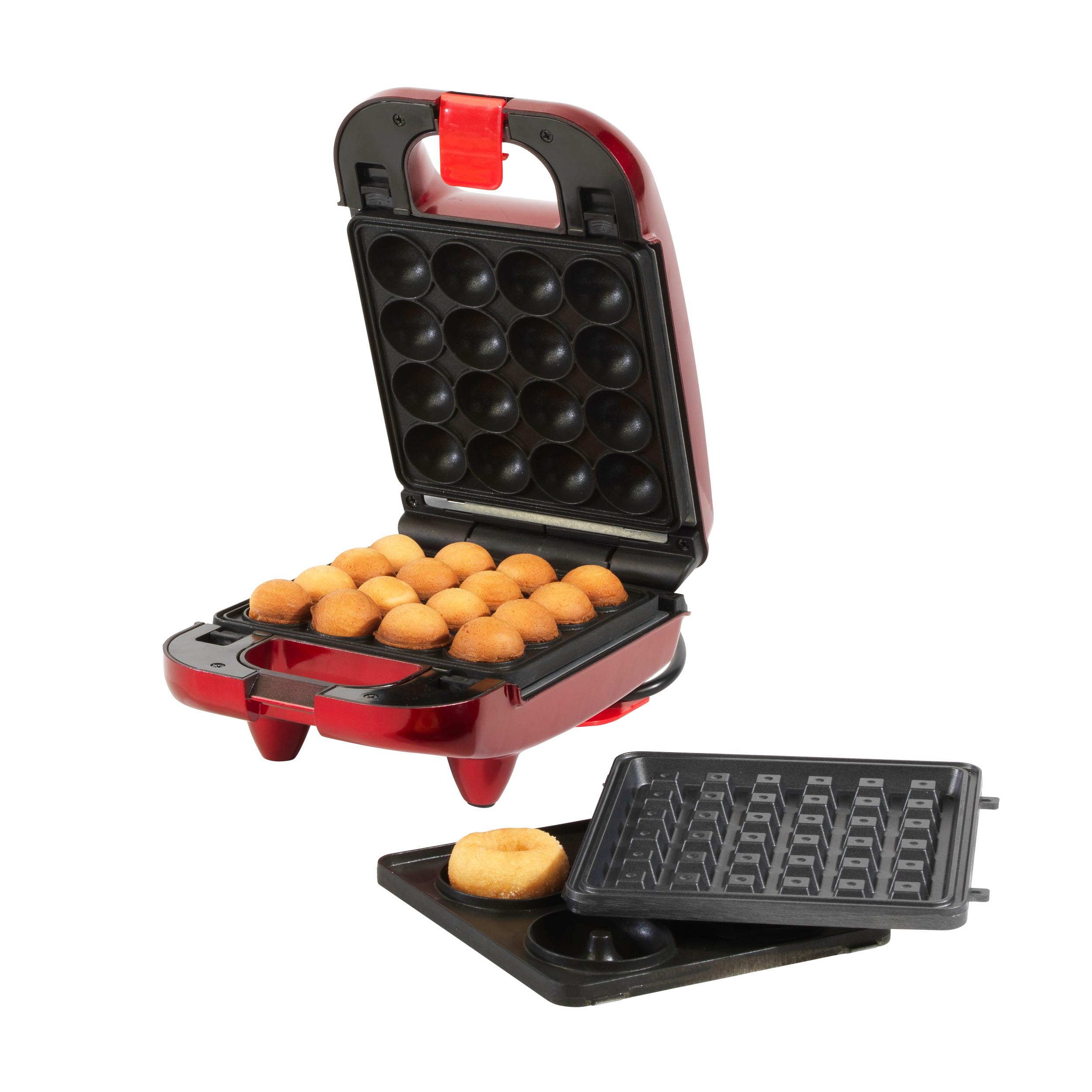AMERICAN originals3-in-1 Treat Maker – Donuts, Cake Pops & Waffles, Removable Non-Stick Coated Plates, 3 Min Preheat Time, Non-Slip Feet, Party Snack Maker, Power/Ready Lights, Easy Clean, 650 W, Red