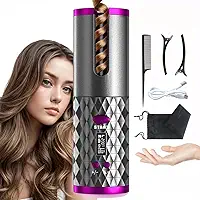 Modelador de cachos Automático Sem Fio, Barril Cerâmica de Cabelo Ondulada USB Recarregável Portátil com LCD 6 Temperaturas Ajustável para Penteados
