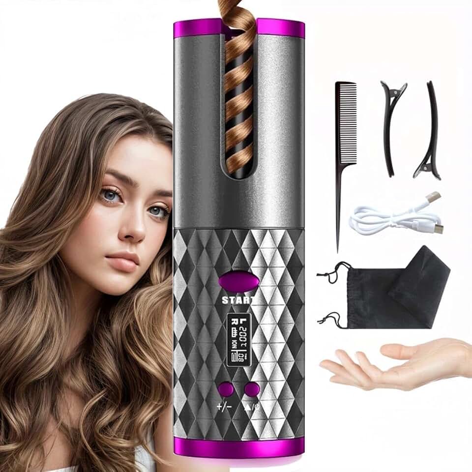 Modelador de cachos Automático Sem Fio, Barril Cerâmica de Cabelo Ondulada USB Recarregável Portátil com LCD 6 Temperaturas Ajustável para Penteados